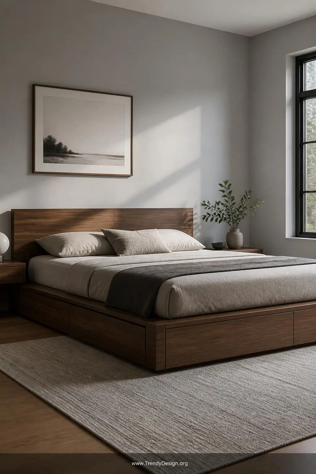 Low-profile walnut platform bed with flush-front built-in storage drawers centered in a minimalist bedroom, late afternoon light skimming across the clean straight-edge headboard and smooth wood grain, medium shot revealing the grounded floor-level silhouette against pale gray walls.