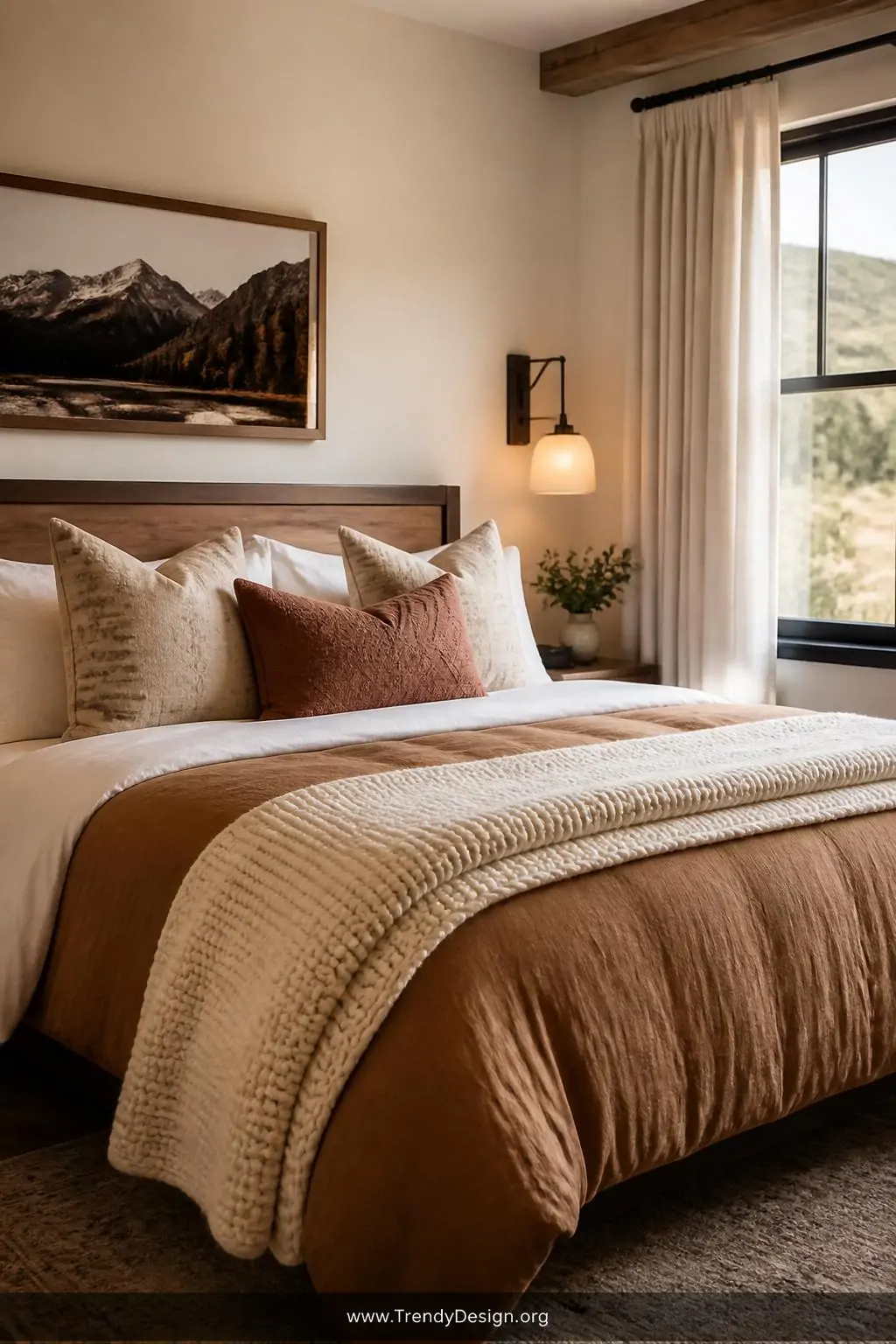 Layered hotel-style bed with crisp white sheets, warm caramel duvet, three decorative throw pillows in cream and dusty terracotta, and a chunky knit ivory blanket folded neatly at the foot, wide shot of a serene boutique-style guest bedroom with soft afternoon light, photorealistic interior design.