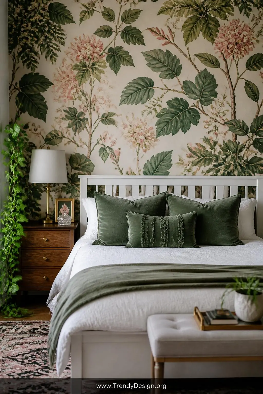 Large-scale botanical peel-and-stick wallpaper in vintage greens and blush tones covering the headboard wall behind a simple white wood bed frame, solid sage velvet throw pillows stacked neatly, medium shot of a maximalist yet balanced bedroom where the graphic wallpaper pattern commands attention without overwhelming the clean-lined furniture.