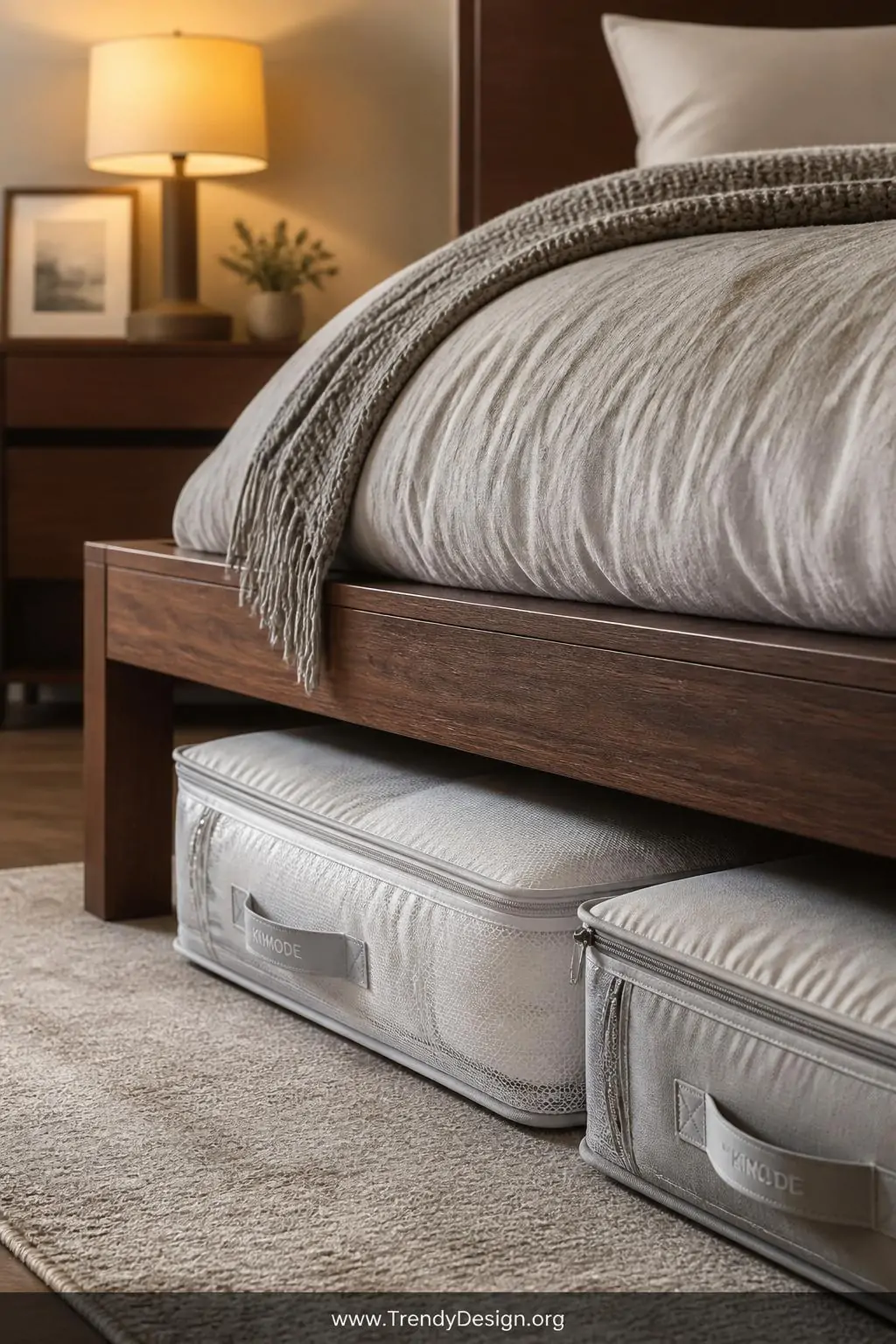 Flat zippered breathable fabric storage bags in cream and grey tones, partially slid under a low-profile dark walnut bed frame, soft bedroom lamplight glowing warmly, closeup showing embossed label tags on handles and compressed comforter texture beneath the fabric, minimalist modern bedroom.
