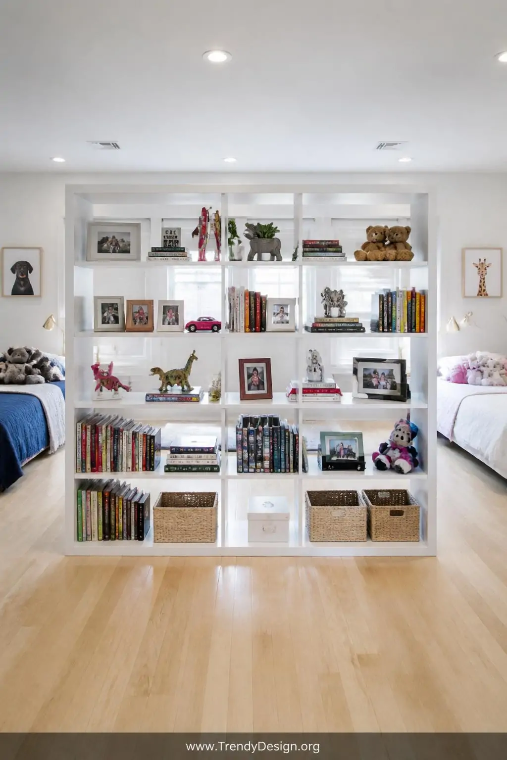 Double-sided open-back white bookshelf dividing a shared kids bedroom down the center, eclectic style, medium shot showing colorful books, small toys, and framed photos displayed on both sides, low-profile shelf keeping the room airy above, light oak flooring visible on either side, bright diffused overhead lighting, photorealistic interior design.