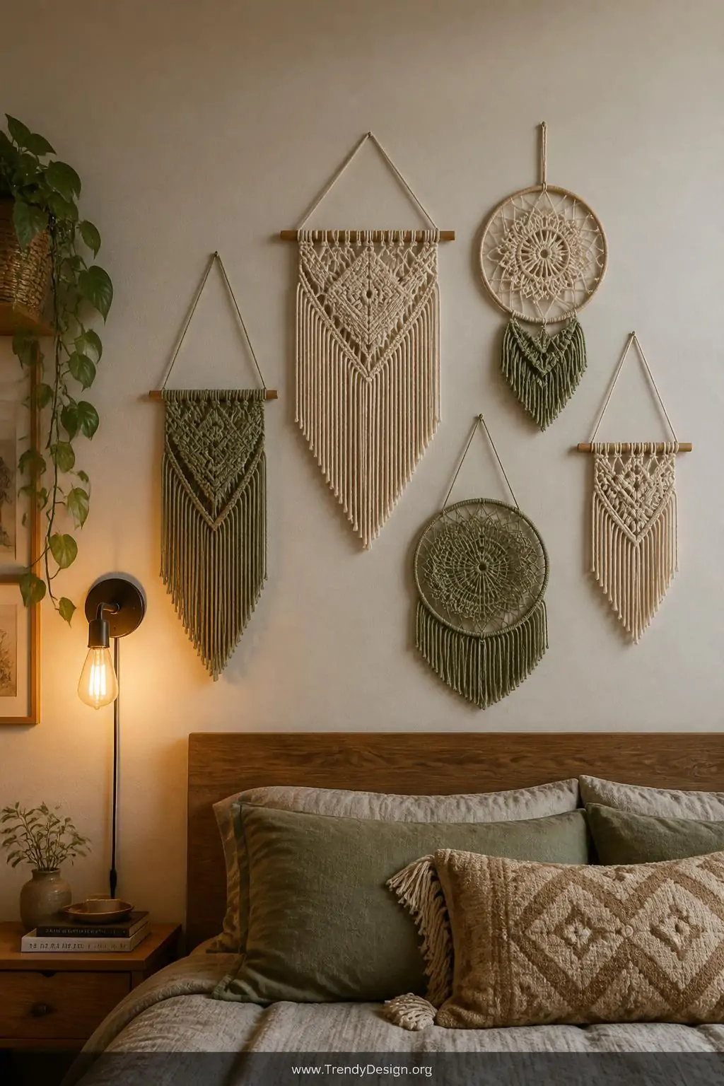 A medium-shot photorealistic interior of a bohemian bedroom gallery wall displaying an artfully uneven arrangement of five mi