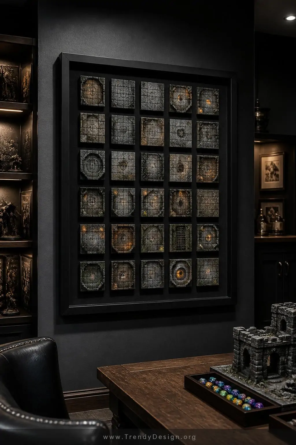 Shadow box frame displaying a grid of hand-painted dungeon floor tiles on deep charcoal velvet backing, stone textures stippled in varying grays with torchlight orange accents and ivory-highlighted edges, mounted on a dark game room wall, wide shot
