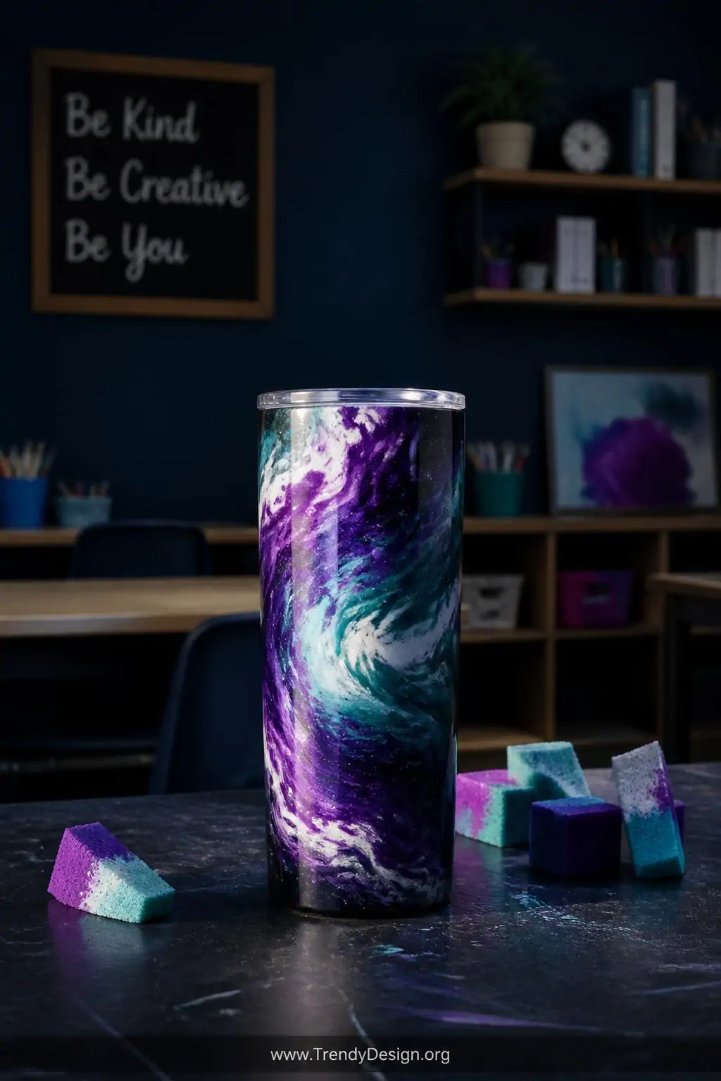 Black stainless steel tumbler with swirling purple teal and white galaxy acrylic paint glowing softly in dim classroom light, dark navy background, scattered paint sponges beside it, medium shot