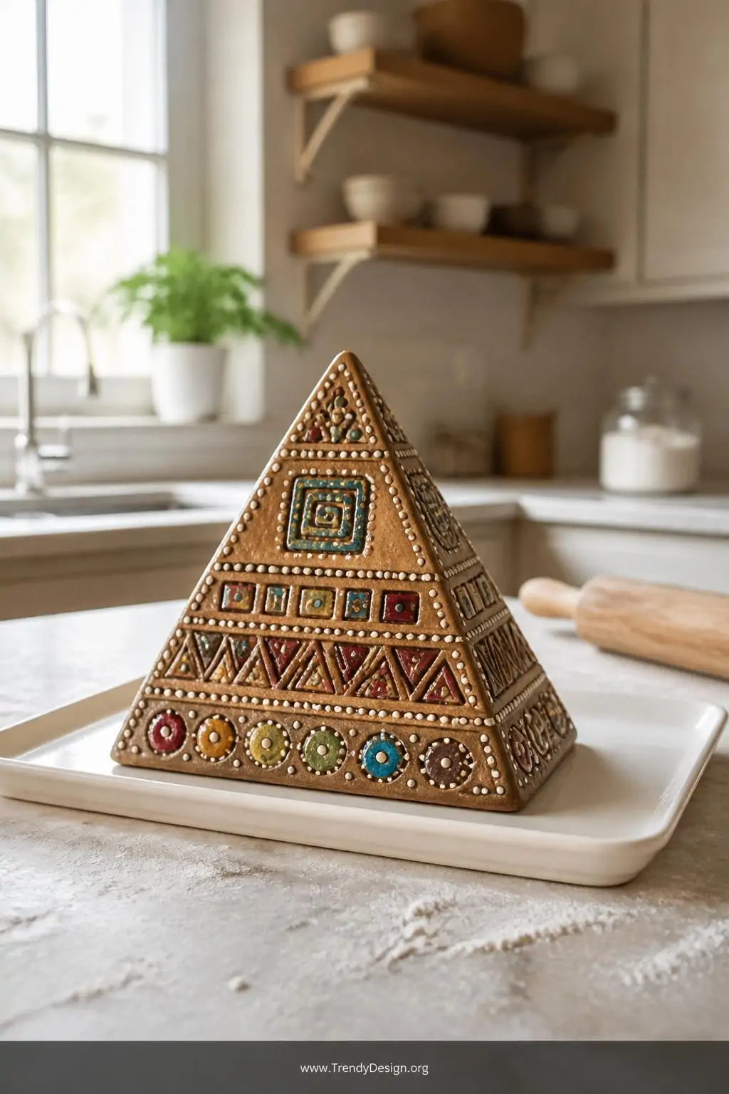 Textured salt dough pyramid sculpture with painted acrylic details and toothpick dot patterns on a white ceramic baking tray, bright natural daylight from a nearby kitchen window, sealed with glossy Mod Podge finish giving it an authentic miniature artifact appearance, medium shot on a flour-dusted countertop.