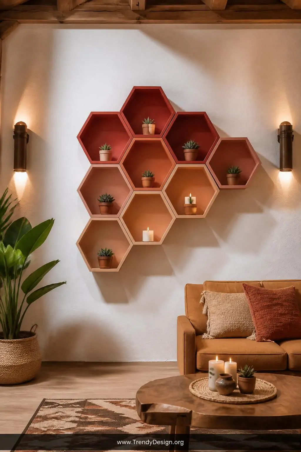 Hexagonal honeycomb cardboard wall shelves painted in deep terracotta ombre arranged in a geometric cluster on a white plaster wall, small succulents and pillar candles displayed inside each cell, warm sconce lighting casting angular shadows, wide shot of a modern bohemian living room accent wall, photorealistic interior design