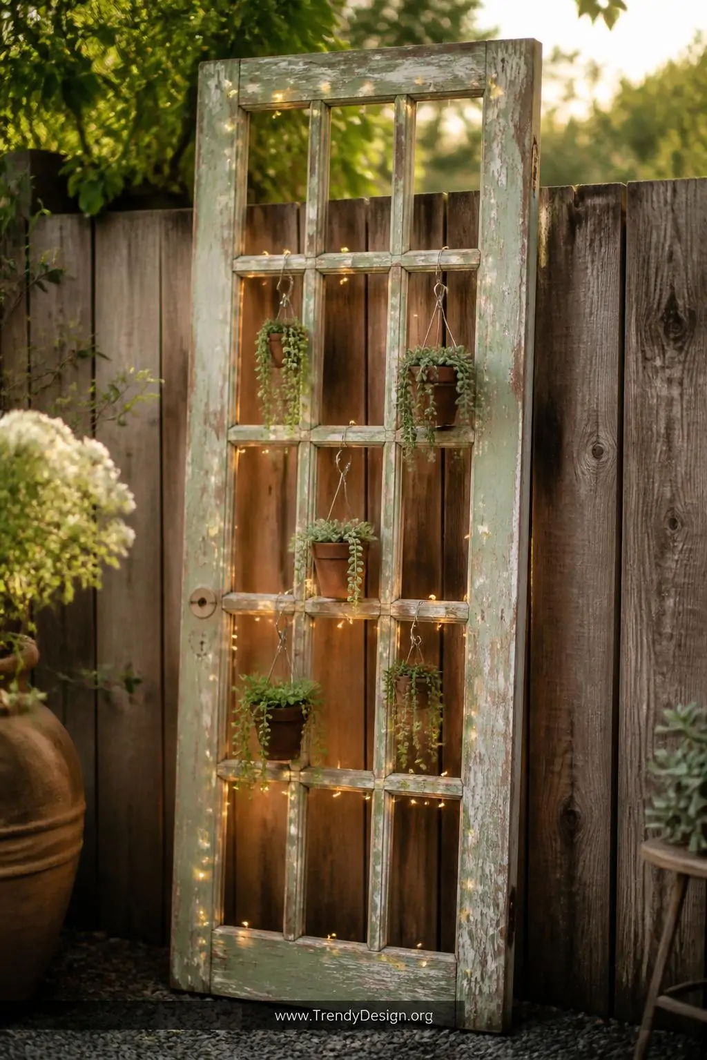 Vintage French door with peeling sage green paint leaned against a rustic wooden fence outdoors, small terracotta pots and trailing succulents hanging from S-hooks, warm fairy lights woven through the crossbars, golden hour garden light, medium shot, photorealistic interior design.