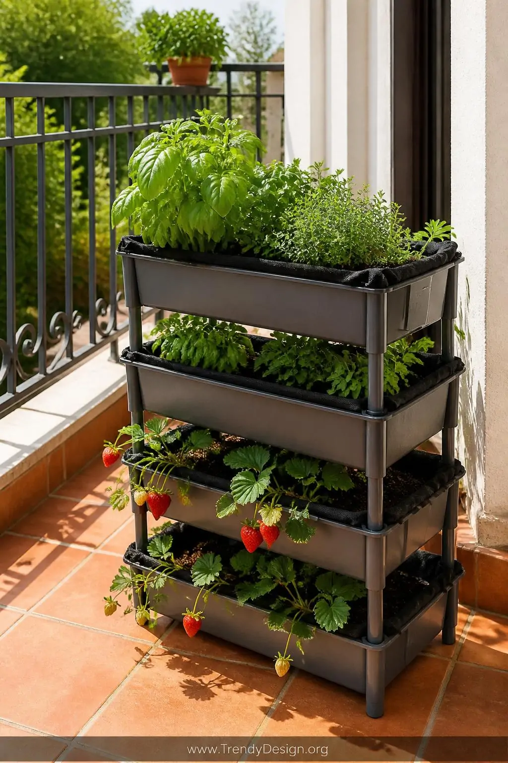 Stacked plastic bread tray raised garden bed on a sun-drenched terracotta tile balcony, filled with lush green basil, thyme, and trailing strawberry plants, natural landscape fabric visible at soil edges, bright afternoon daylight, wide shot.