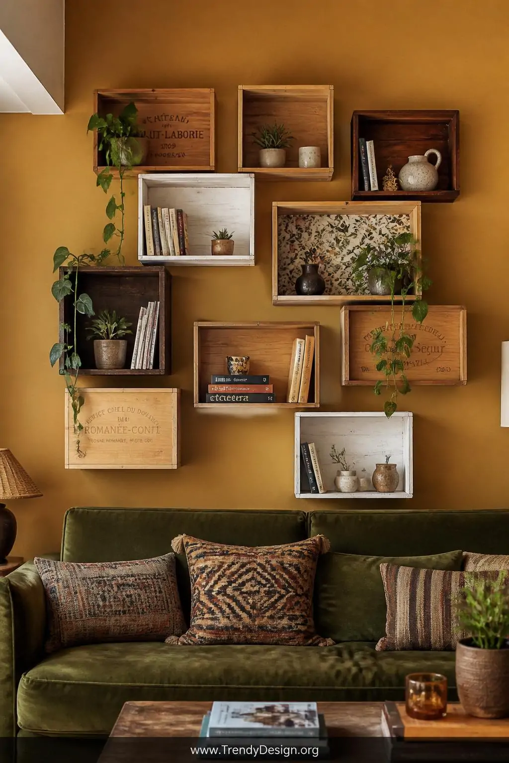 Grid of mismatched vintage wooden wine and fruit crates mounted directly on a warm ochre living room wall, some crates painted chalk white, others stained dark walnut, one left raw, interior of one crate lined with botanical print wallpaper, filled with trailing pothos, paperback books, and small ceramic vessels, wide shot, eclectic bohemian style.
