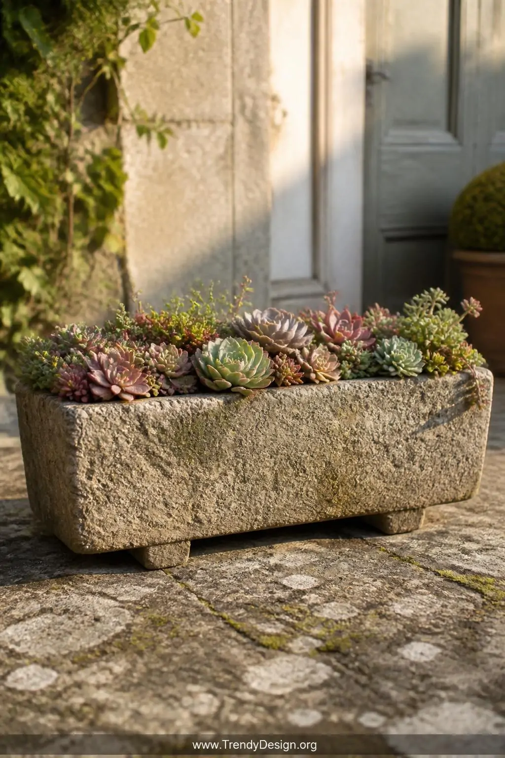 A medium shot of a rustic hypertufa trough planter resting on a weathered stone patio surface, filled with a colorful arrange