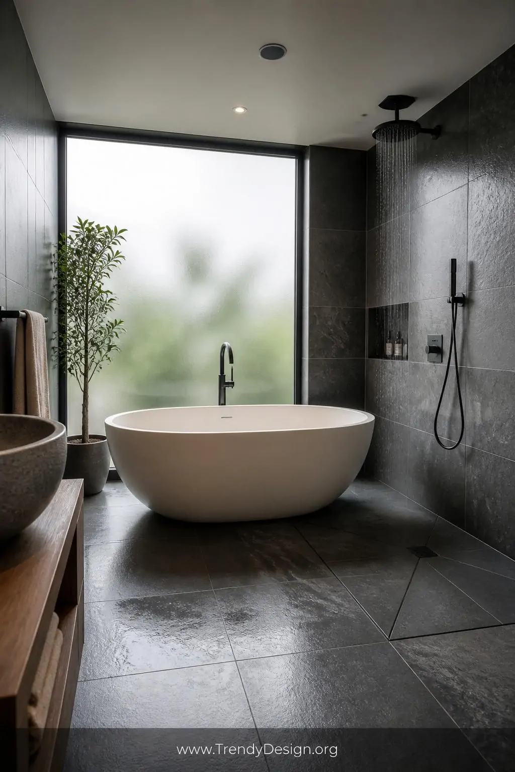 Oval freestanding matte white soaking tub positioned center of a fully waterproofed wet room in a master bathroom, luxury spa style, soft natural light pouring through a frosted floor-to-ceiling window, large-format charcoal slate tiles with a subtle sheen on floors and walls, medium shot capturing the sculptural tub and open shower zone sharing one seamless draining space.