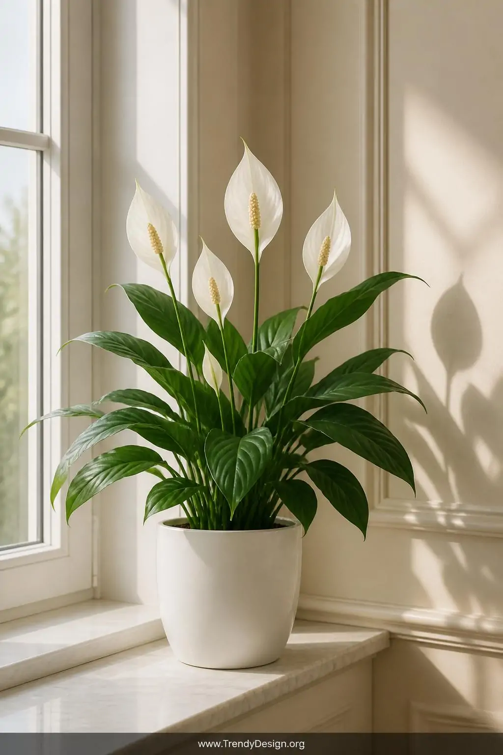Peace lily in a white ceramic pot centered on a marble windowsill, elegant ivory blooms rising above deep green leaves against soft indirect light casting gentle shadows on cream-painted walls, medium shot.