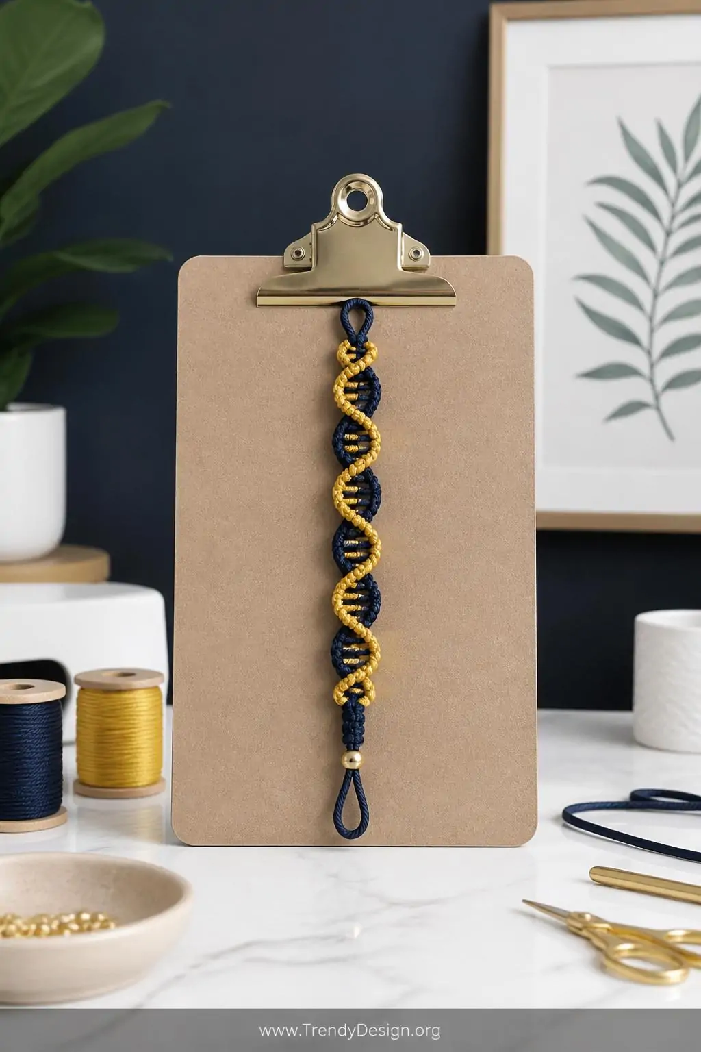Navy and gold spiral lark's head macrame bracelet anchored to a clipboard on a white marble craft table, cool neutral studio lighting highlighting the DNA-like twisted cord detail, medium shot capturing the contrasting waxed cord colors against a clean Scandinavian workspace backdrop.