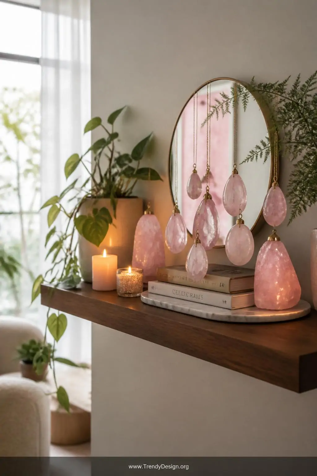 Rose quartz teardrops, ovals, and raw chunk pendants arranged on a floating wooden shelf alongside flickering candles, trailing greenery, and stacked books on a marble tray, small mirror behind reflecting soft pink light through crystals, medium shot of curated living room vignette with warm neutral tones.