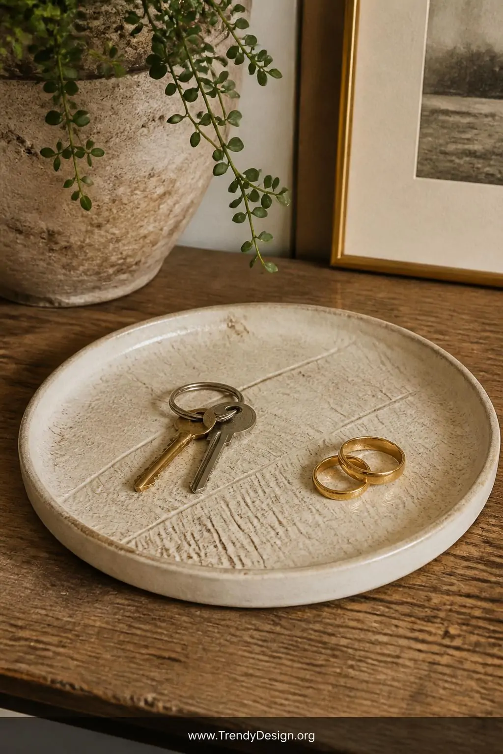 Wide flat clay catch-all tray with pressed leaf vein impressions in warm ivory glaze holding keys and gold rings on a rustic wood entryway table, warm ambient light, closeup shot