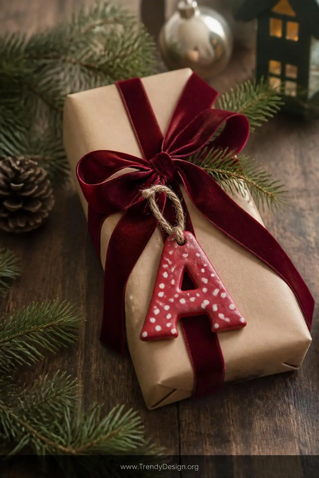Salt dough initial letter ornament painted in deep red with polka dot details tied to a kraft paper wrapped gift with a burgundy velvet ribbon, on a rustic wooden table with pine sprigs, medium shot
