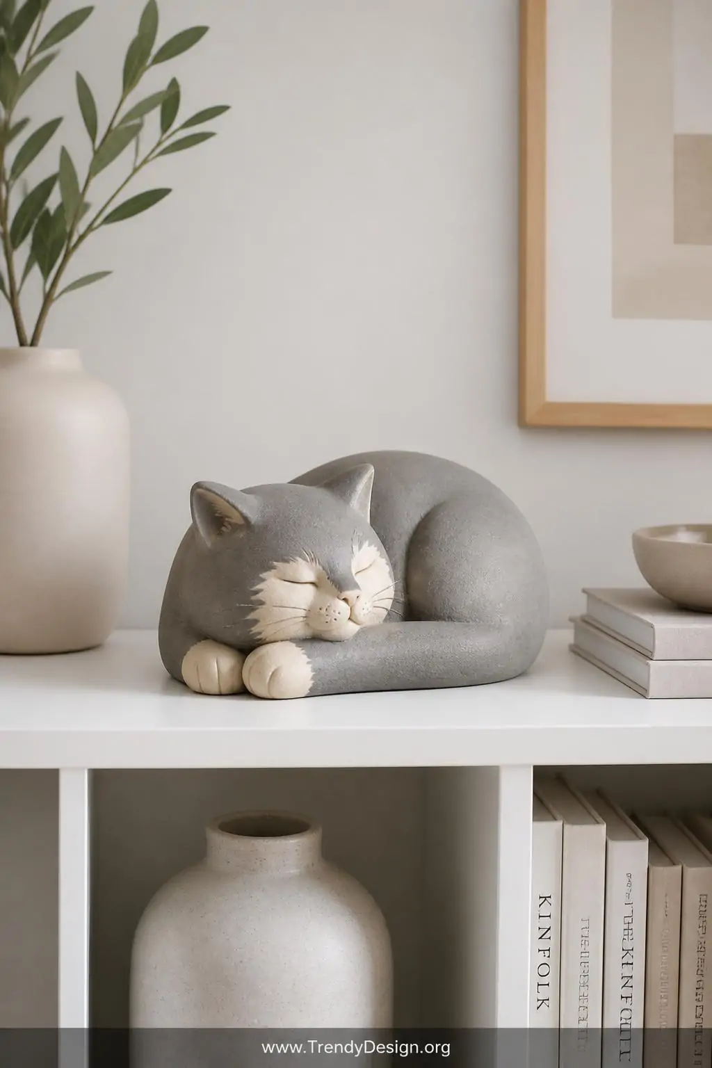 Smooth grey and cream clay sleeping cat figurine with tucked paws and carved closed-eye smile on a minimalist white shelf with Scandinavian décor, soft diffused natural light, medium shot