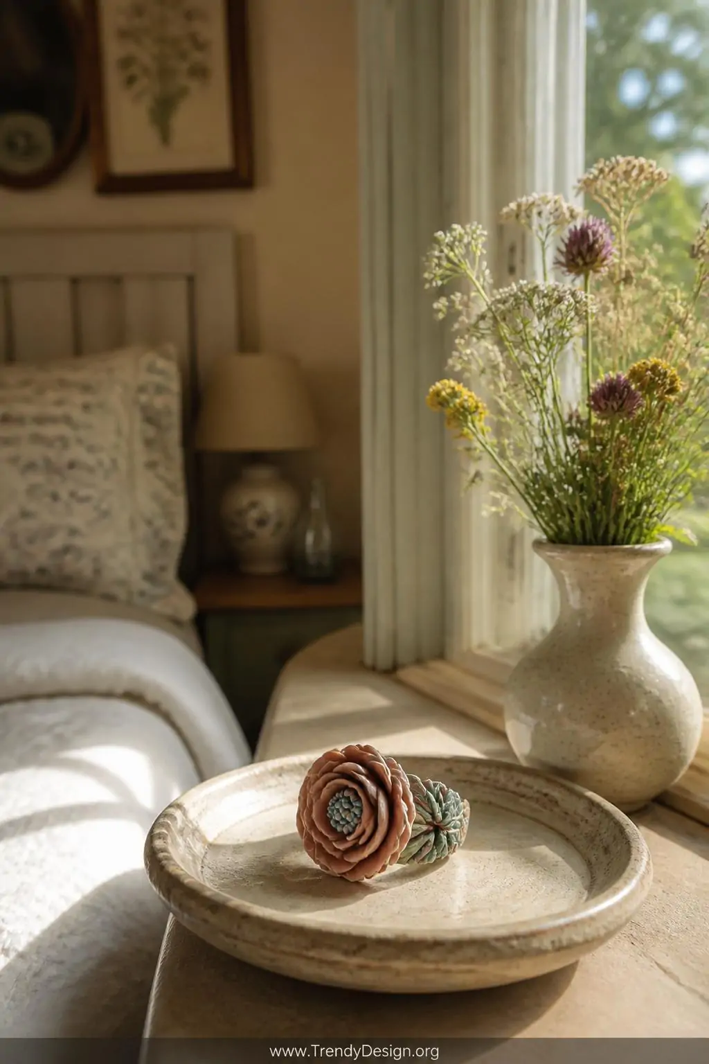 Textured floral polymer clay ring with layered rose petals and contrasting bead center resting on a ceramic dish beside a small vase of wildflowers, cottage bedroom windowsill, whimsical artisan style, medium shot with warm golden afternoon light