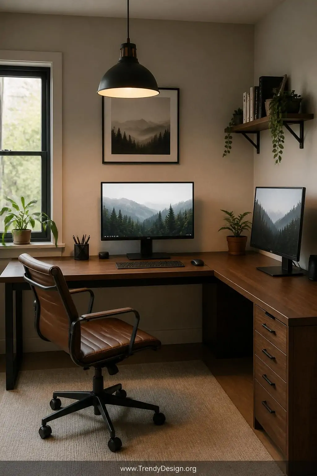 L-shaped desk in warm walnut finish with one monitor centered on the main surface and a second monitor angled on the corner return, home office, Scandinavian minimalist, soft warm pendant light overhead casting gentle shadows across the clean desk plane, wide shot.