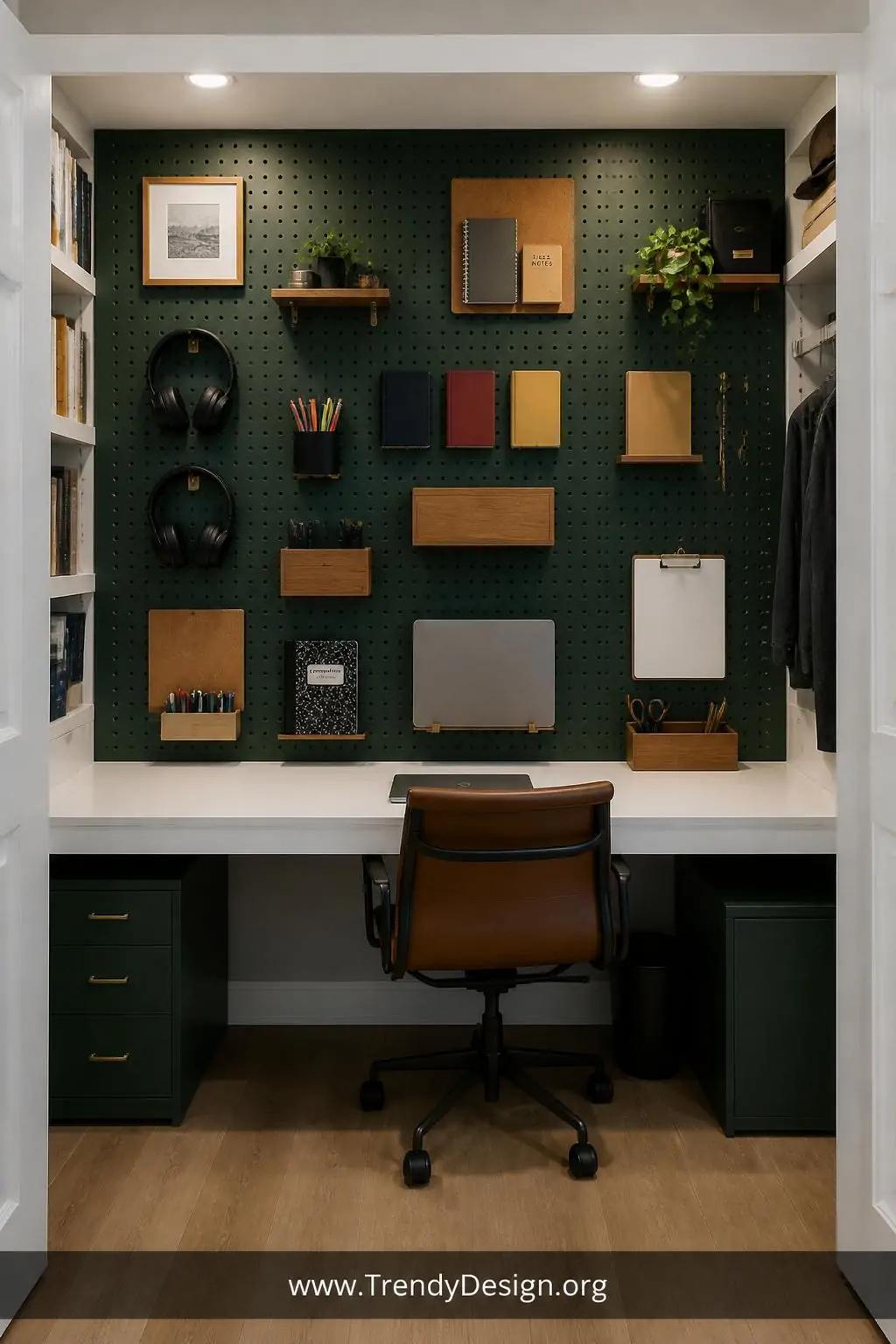 Pegboard wall system mounted across the entire back wall of an open closet office, painted in deep forest green, brass and black metal hooks holding headphones, colorful pens, and notebooks, small wooden shelf bins and cork panels arranged in a grid pattern, white desk surface below with cable management clips, warm overhead lighting, medium shot showing full pegboard command center, photorealistic interior design.