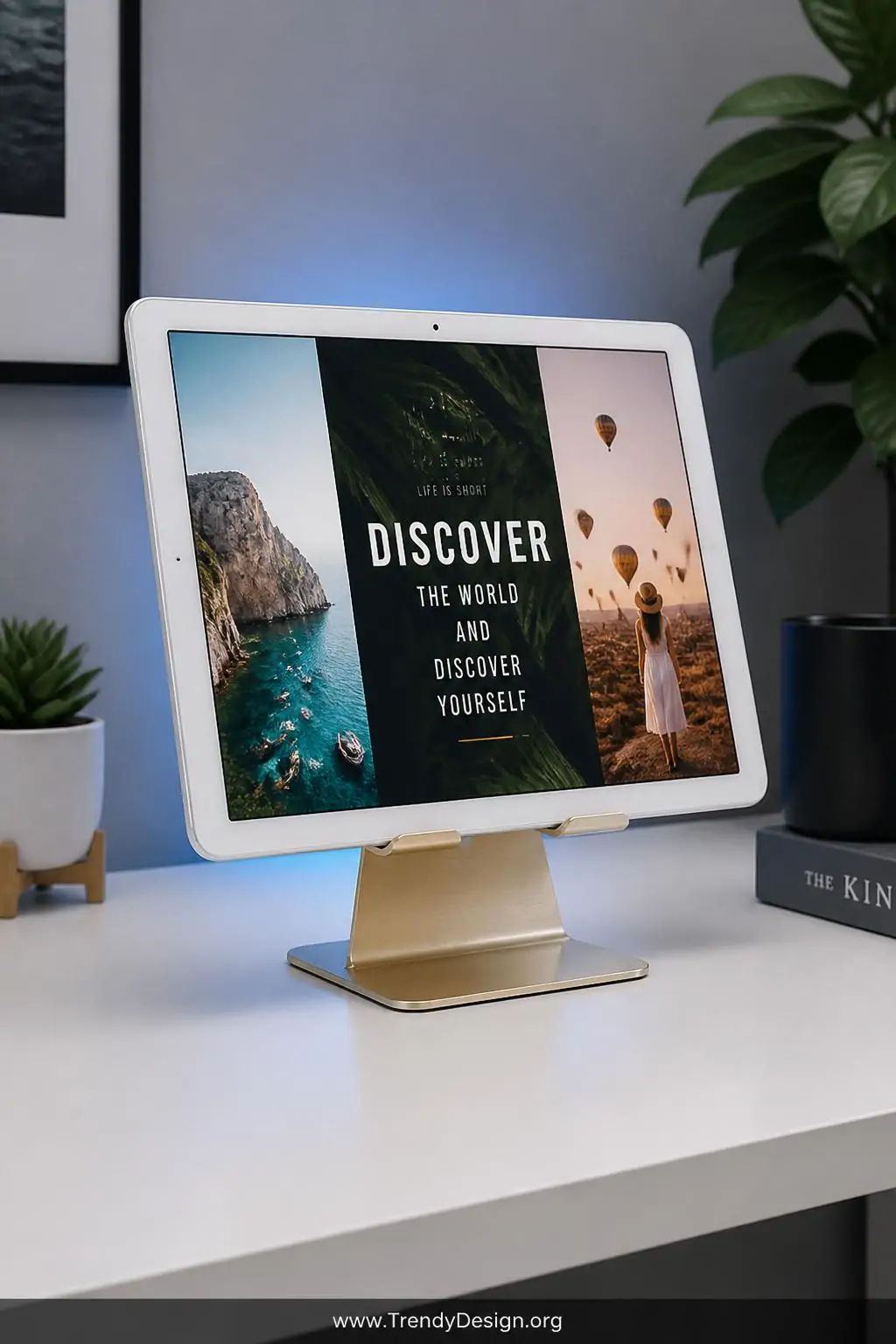 Slim white tablet propped on a brushed brass stand at eye level on a minimalist white desk, displaying a vibrant digital slideshow with high-resolution travel photos and motivational typography, cool ambient backlight glowing against a pale gray wall, closeup shot of screen and stand, photorealistic interior design.