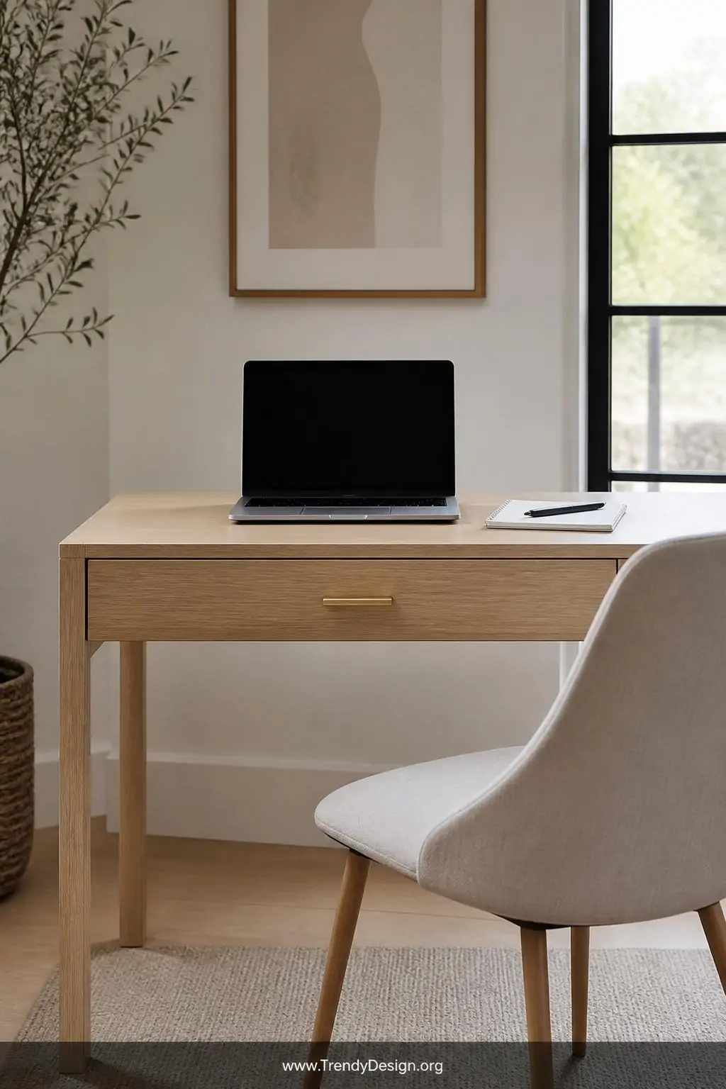 Single-drawer minimalist light oak desk with a closed drawer pull in brushed brass, a slim laptop centered on the clean surface beside one spiral notepad and a single pen, soft diffused window light, medium shot, photorealistic interior design.