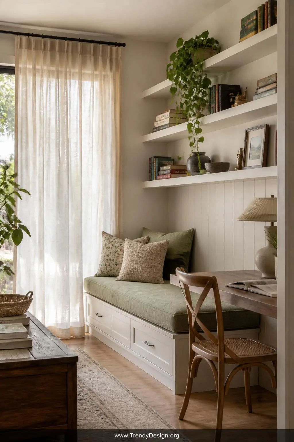 Built-in window seat with thick linen cushion in sage green beside floor-length sheer curtains filtering soft afternoon light, a slim wooden desk ledge extending alongside the bench, wall-mounted white shelves above holding stacked books and trailing pothos, wide shot of a cozy living room nook, cottage-modern style, photorealistic interior design.