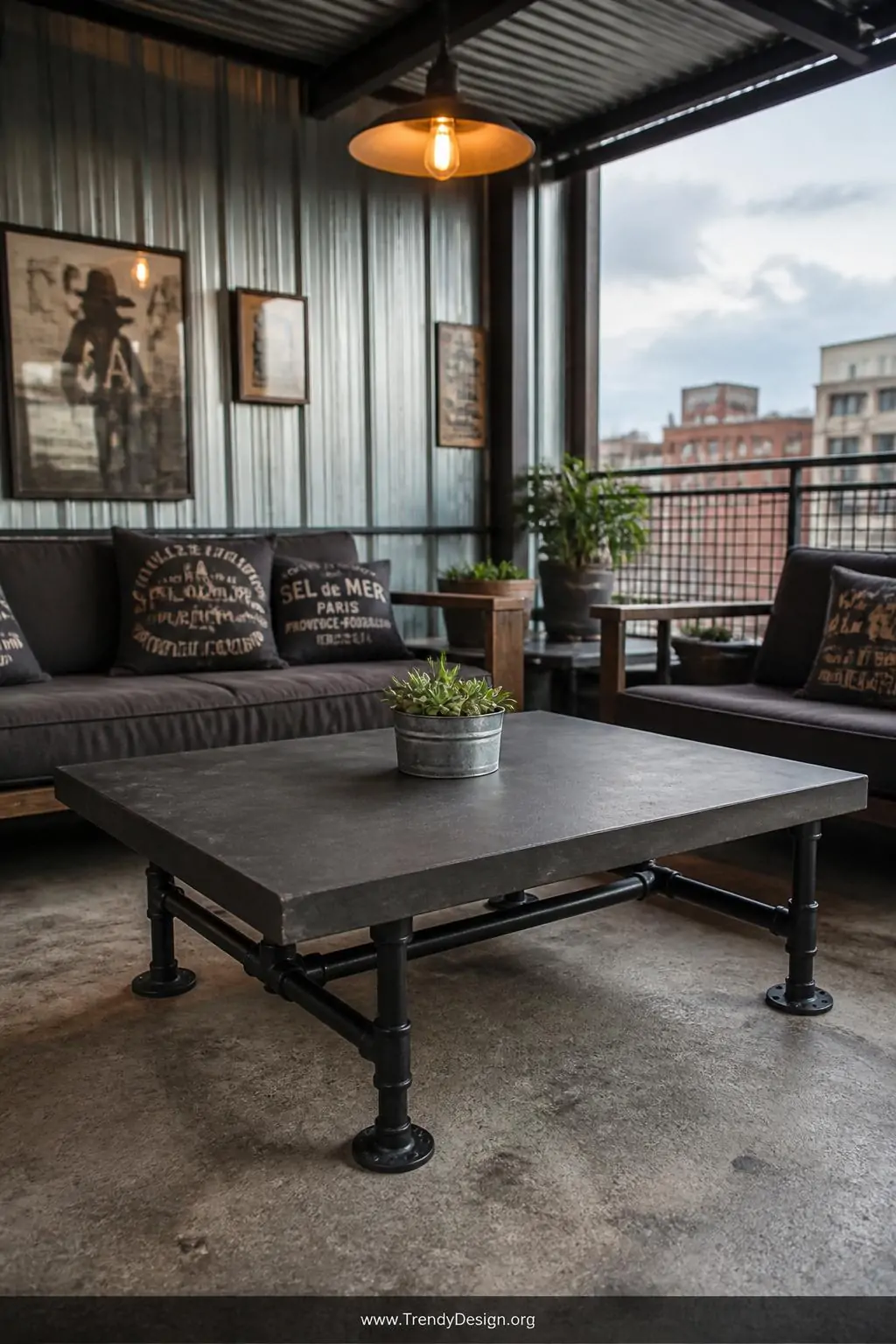 Slim charcoal-tinted concrete slab coffee table with matte black iron pipe legs on a covered industrial porch, raw metal flanges visible, warm Edison bulb overhead light, medium shot, urban rooftop aesthetic, photorealistic.