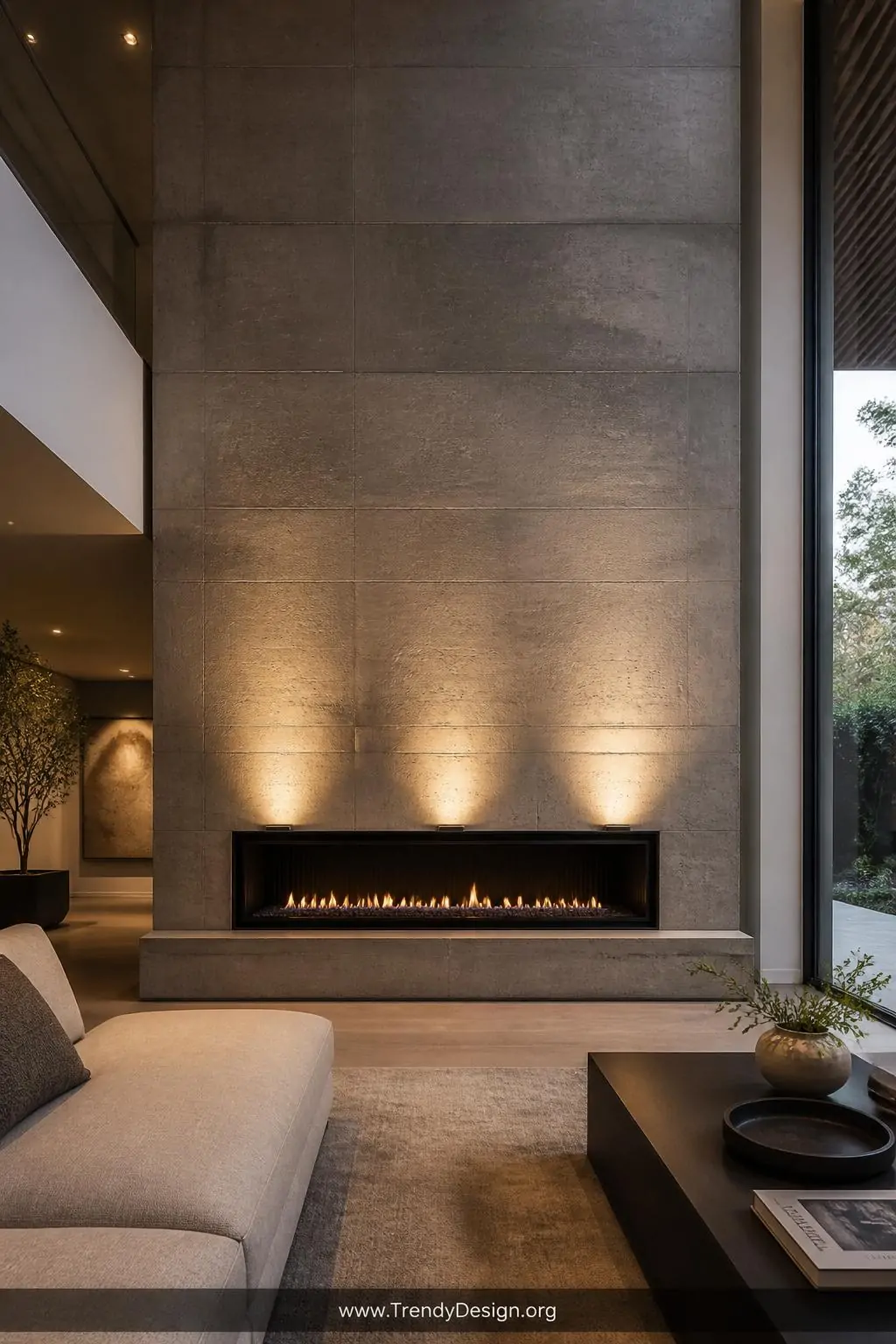 Floor-to-ceiling concrete feature wall fireplace in a minimalist living room, dramatic architectural style, seamless grey textured concrete spanning the full wall height, flush inset firebox with recessed lighting casting warm upward glow across the surface, wide shot.