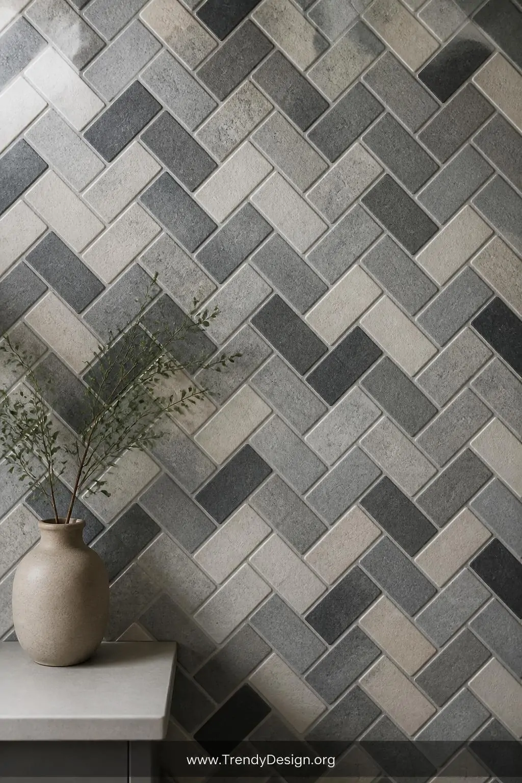 Closeup of a concrete tile mosaic wall in herringbone pattern using mixed shades of gray, cream, and charcoal squares, thin uniform grout lines, subtle tonal variation across the textured surface catching soft diffused natural light, photorealistic interior design, no people.