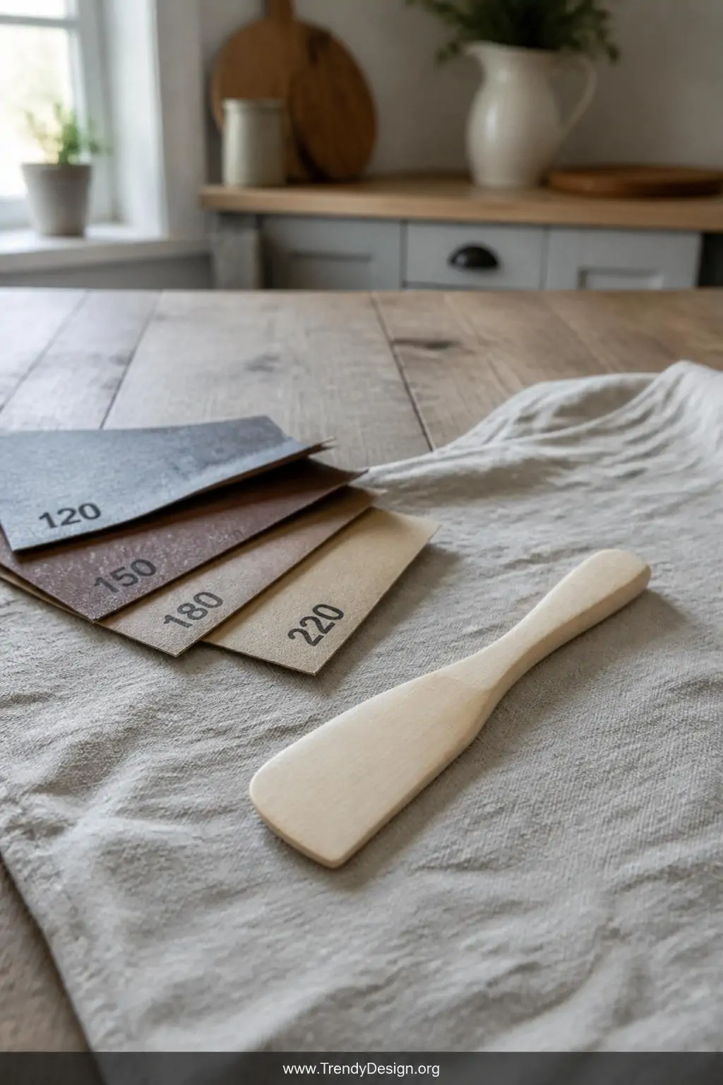 Flat paddle-shaped butter spreader carved from pale basswood lying on a linen cloth beside folded sandpaper sheets graded 120 to 220 grit on a rustic farmhouse kitchen table, soft diffused morning light, medium shot