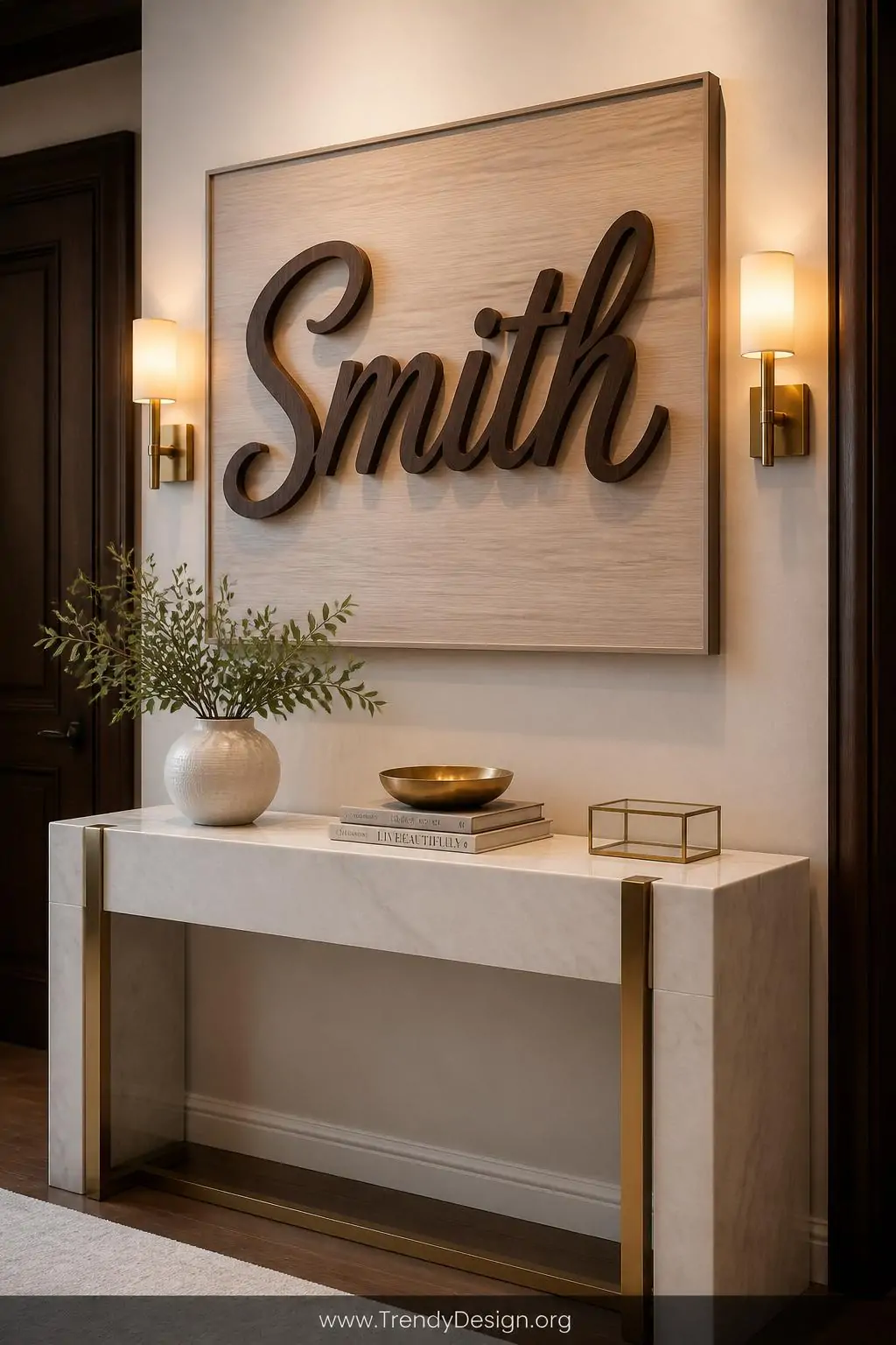 Dark walnut script letters spelling a family surname mounted dimensionally onto a light ash stained background board, displayed above a white marble entryway console table with brushed brass accents, warm ambient sconce lighting, wide shot capturing the layered wood tones and elegant shadow depth.