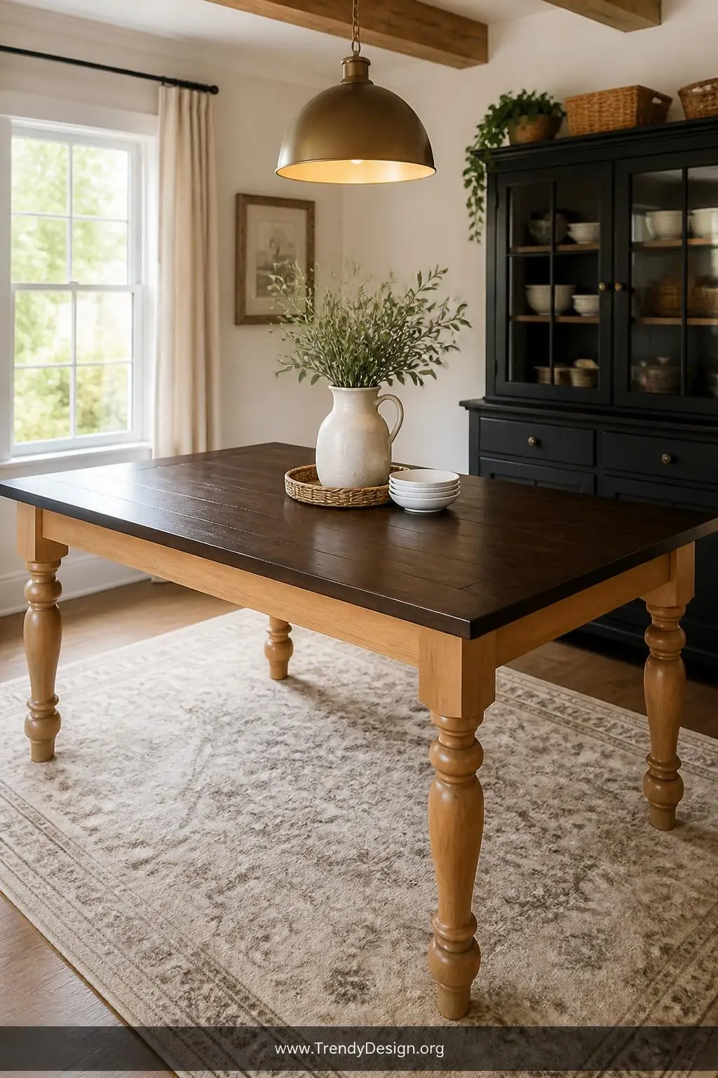 Farmhouse dining table with two-tone stain technique in a bright dining room, rustic style, honey oak legs contrasting sharply against a deep espresso brown tabletop, clean painter's tape line visible at the transition, medium shot capturing the full table under a warm pendant light that highlights the intentional color-blocked craftsmanship.