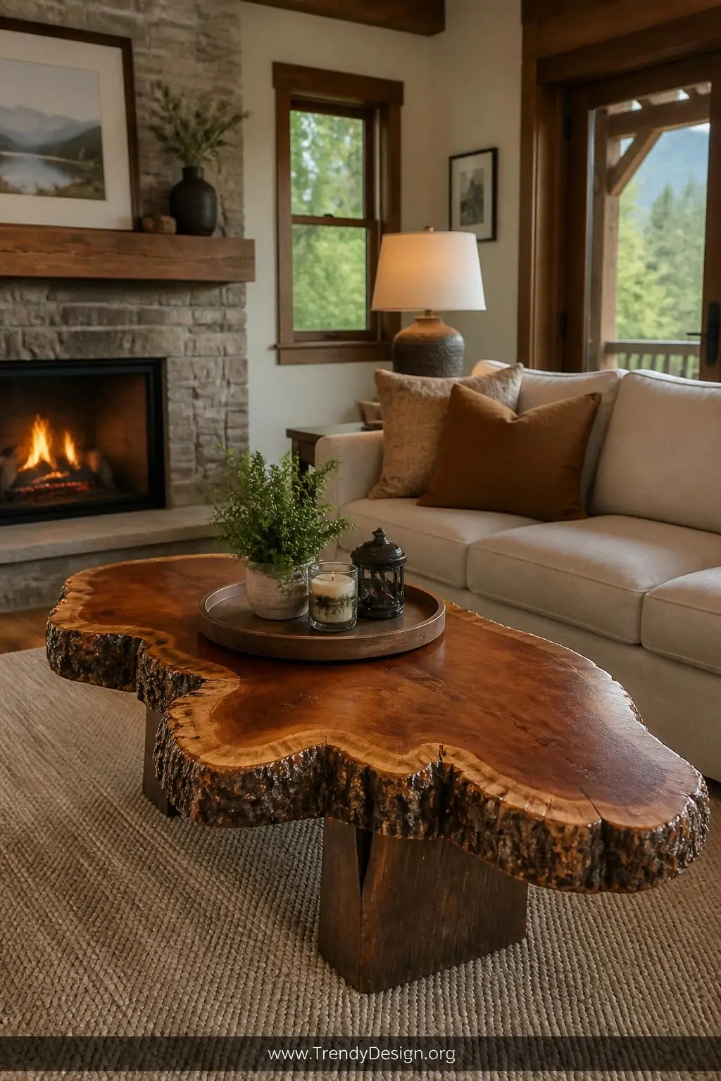 Rustic cherry wood coffee table with intact natural bark edges on a neutral linen sofa living room, mountain cabin style, medium shot, soft warm ambient light highlighting the reddish-brown tones and wild organic bark perimeter against a cream and stone-toned room, photorealistic interior design, no people