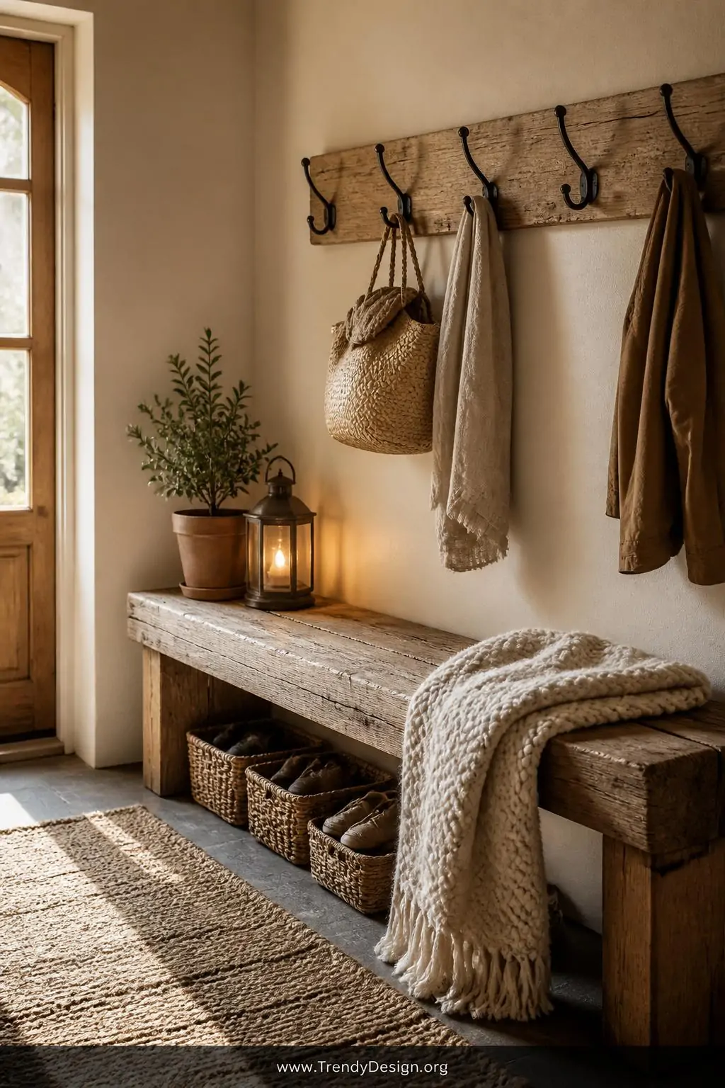 Reclaimed distressed pine farmhouse bench with black iron wall-mounted coat hooks above in a warm entryway, rustic Scandinavian style — chunky knit throw draped over one end, woven baskets tucked underneath holding shoes, a small terracotta potted plant sitting beside a glowing lantern, natural wood grain bathed in soft afternoon window light, wide shot.