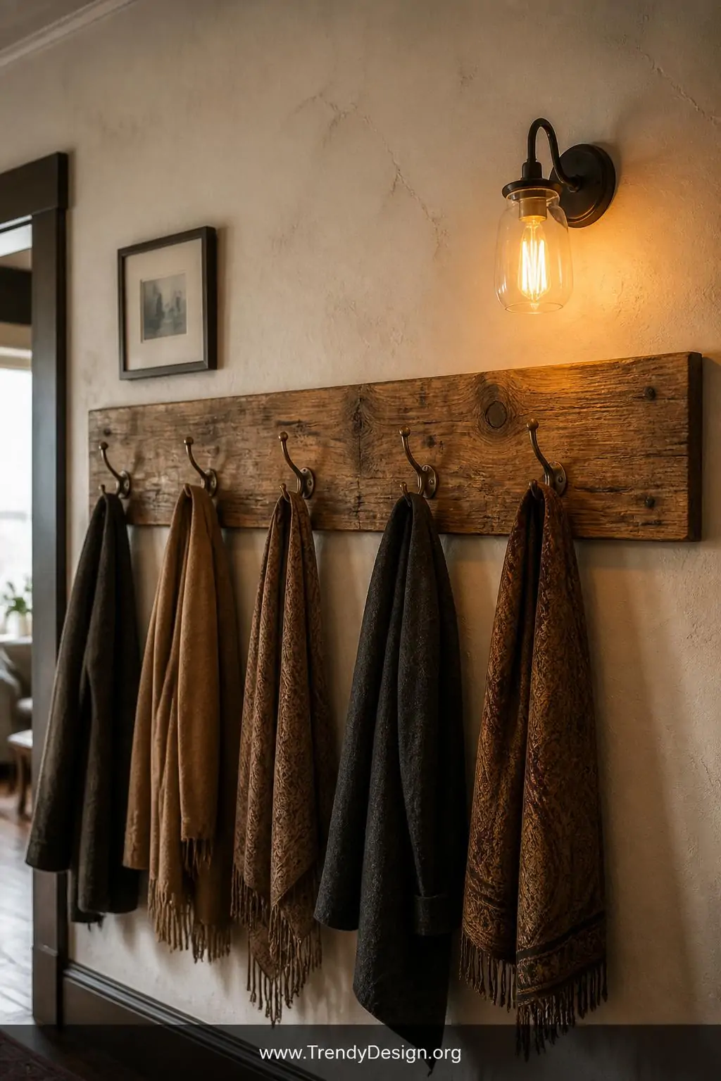 Reclaimed barn wood plank mounted horizontally on a textured plaster wall in a transitional entryway, a row of mixed antique brass double hooks holding structured wool coats and silk scarves, warm Edison bulb sconce casting amber light across the grain, medium shot capturing the full length of the plank.
