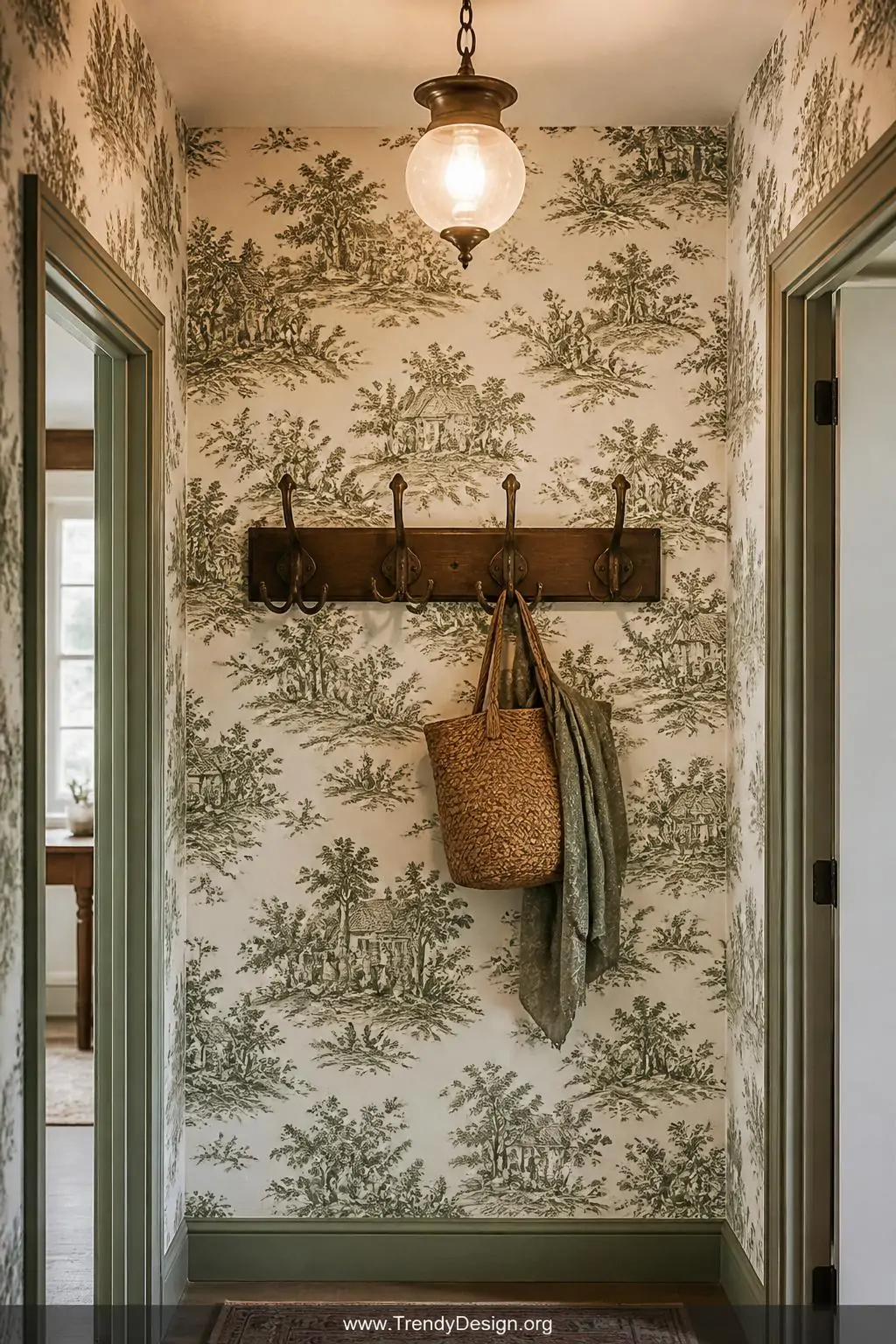 Toile de Jouy wallpaper featuring intricate pastoral countryside scenes in deep forest green on white background in a cottage hallway, traditional French style — repeating farmhouse and garden motifs wrap all four walls, a vintage wooden coat rack with curved hooks mounted at eye level, soft warm overhead pendant light illuminating the storytelling surface, medium shot capturing the wall detail and architectural trim.