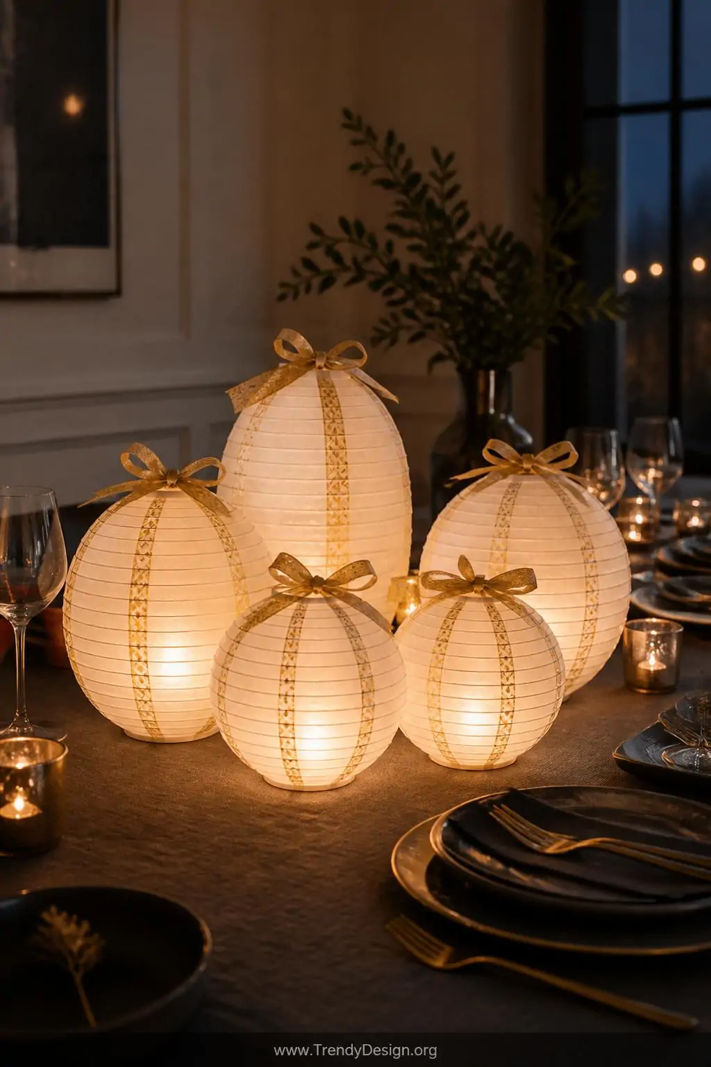 Cluster of five white and gold paper lanterns at varying heights on a dark linen tablecloth, battery-operated tea lights glowing softly inside each lantern casting warm honey-toned pools of light, wide evening dinner table shot with small gold ribbon accents tied at the tops.