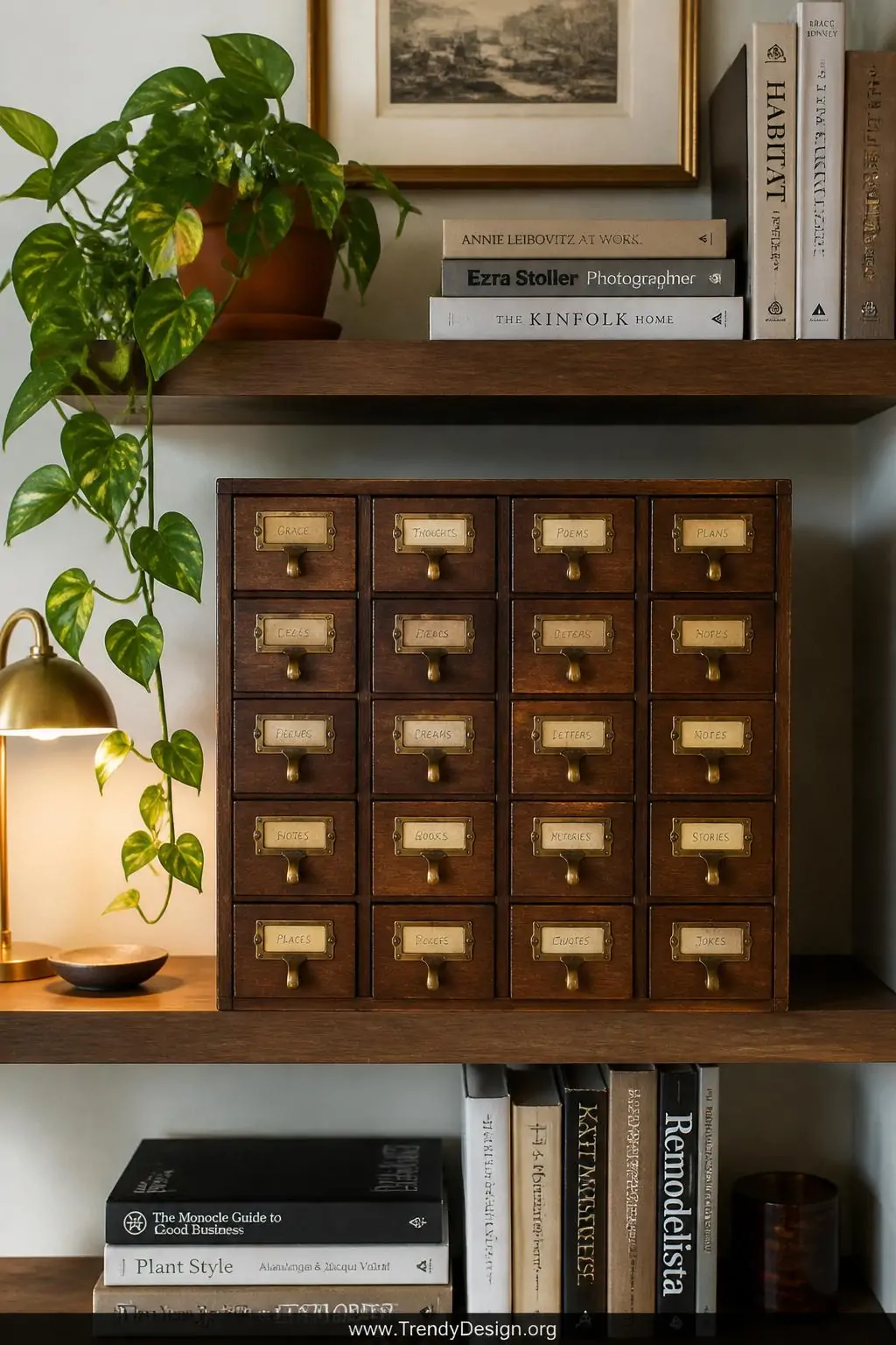 Vintage multi-drawer card catalog note box with tiny brass pulls and handwritten paper drawer labels on a floating walnut shelf surrounded by stacked hardcover books and trailing pothos plant, warm library reading light, medium shot capturing the full organizational spread.