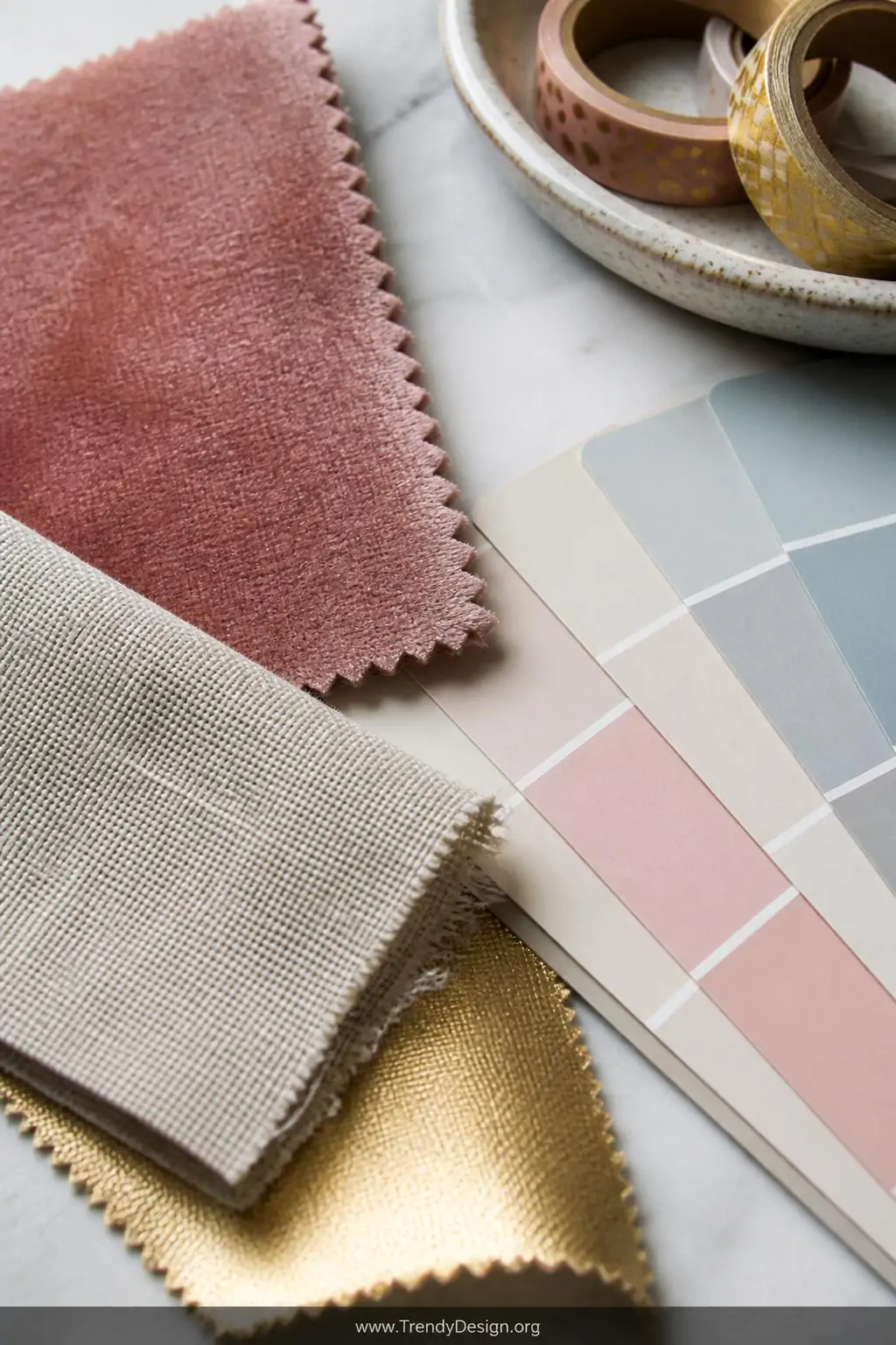 Velvet swatch, linen fabric remnant, metallic gold fabric sample, and pastel paint chips fanned and layered on a white marble desktop beside a ceramic dish of washi tape rolls, cool diffused natural light from a nearby window highlighting every thread and texture, extreme closeup capturing the sensory contrast of surfaces.