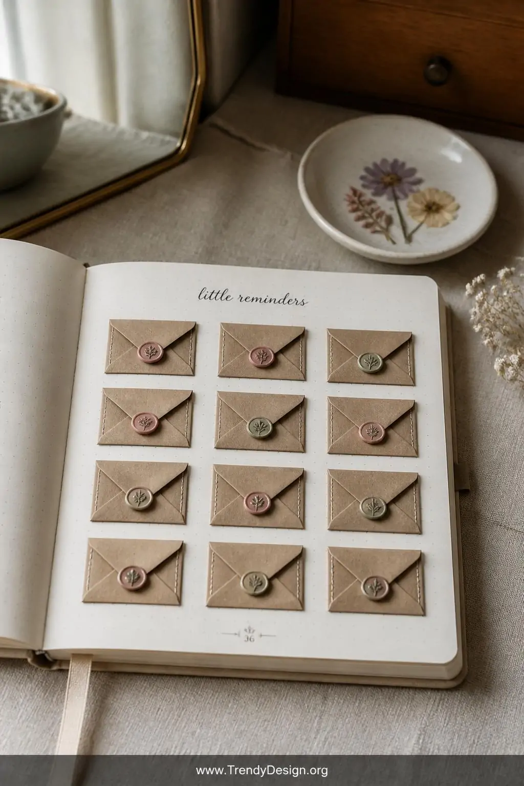 Bullet journal lying flat with rows of tiny folded kraft paper envelope pockets stitched onto the page, each sealed with a miniature wax seal or decorative sticker in dusty rose and sage green, arranged on a linen-covered vanity surface beside a small ceramic dish holding pressed flowers, soft diffused natural window light, medium shot showing the dimensional texture of the pockets against the journal page.