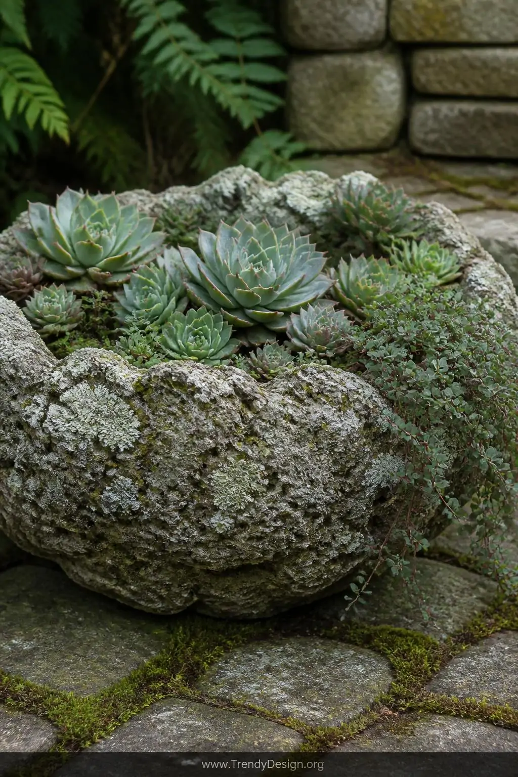 A closeup macro shot of a heavily textured hypertufa bowl planter resting on aged mossy flagstone, the organic porous surface