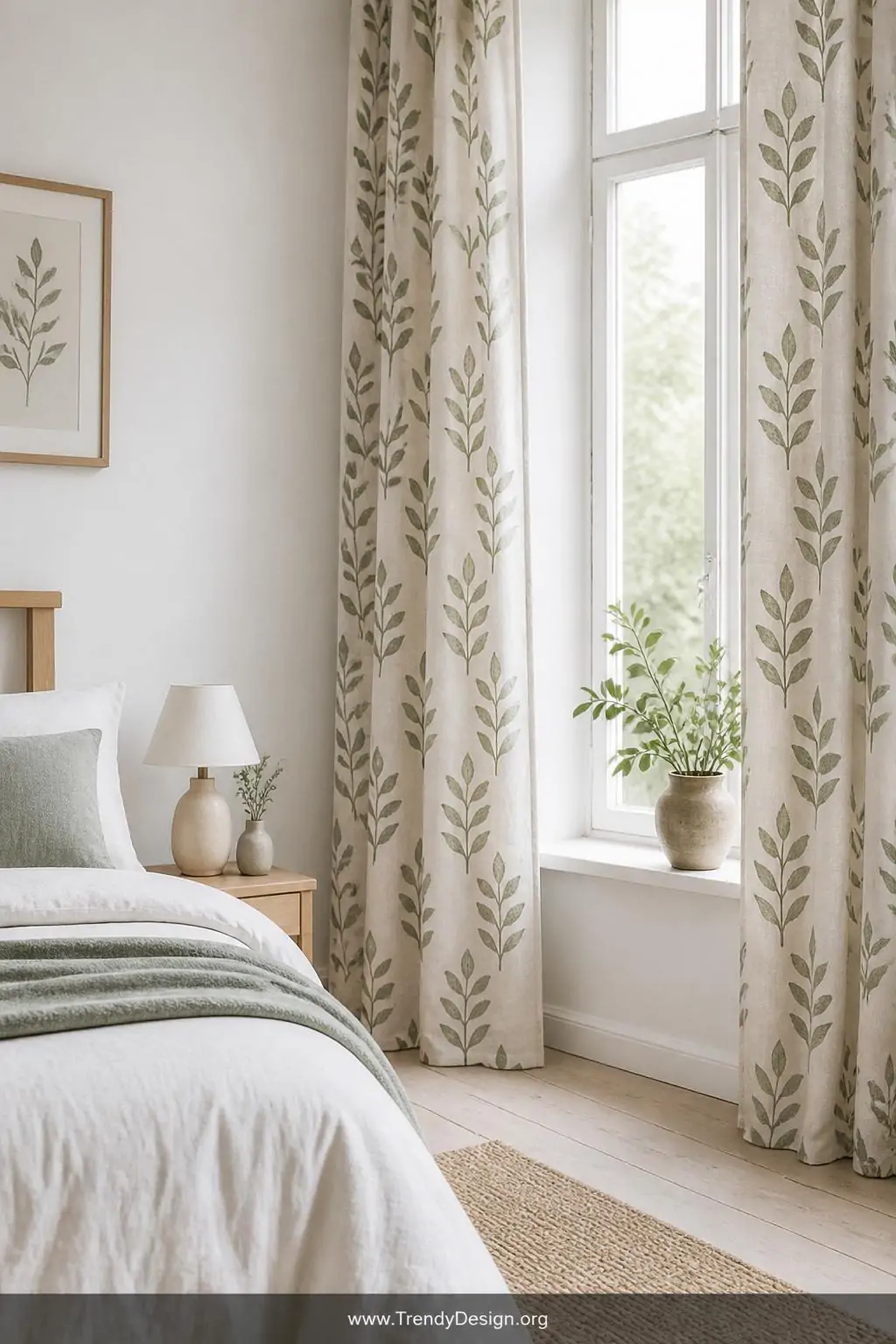 Stenciled linen curtains with repeating botanical leaf motifs in muted sage green cascading floor to ceiling beside a white-washed window, soft diffused daylight, wide shot of airy Scandinavian bedroom.