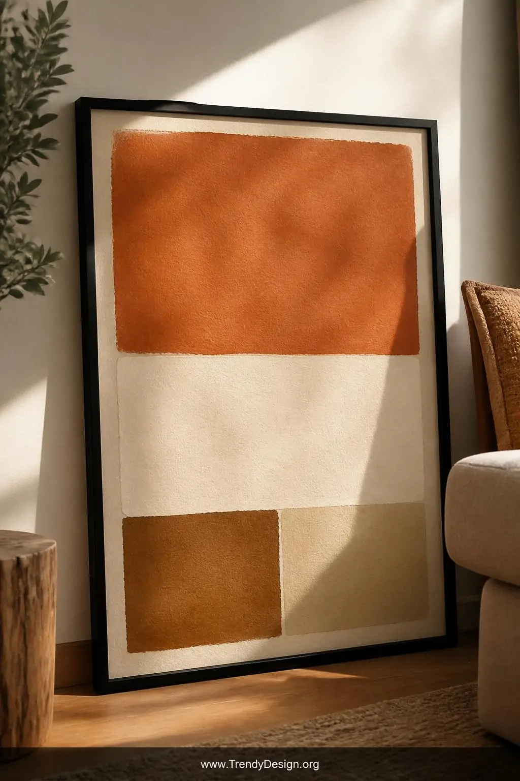 Abstract color block gouache painting in a black frame leaning against a living room wall, bold rectangular sections of terracotta, cream, and warm brown on thick textured watercolor paper with a velvety matte surface, natural afternoon light casting soft shadows, closeup shot showing paint texture and clean taped edges.