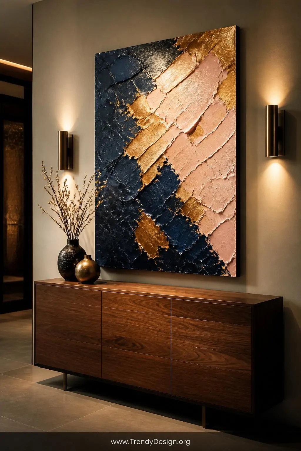 Thick impasto palette knife painting in deep navy, warm gold, and pale blush mounted above a walnut console table in a sophisticated hallway, medium shot, dramatic directional wall sconce lighting raking across the three-dimensional ridged paint surface, photorealistic interior design, no people.