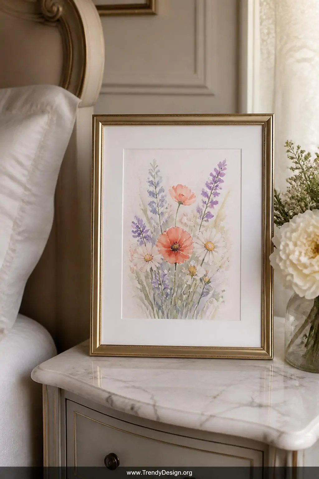 Framed watercolor wildflower bouquet on a white matboard displayed on a marble-topped bedside table in a romantic bedroom, loose bleeding washes of lavender, coral poppy, and white daisy against unpainted paper, soft diffused natural window light, closeup shot.