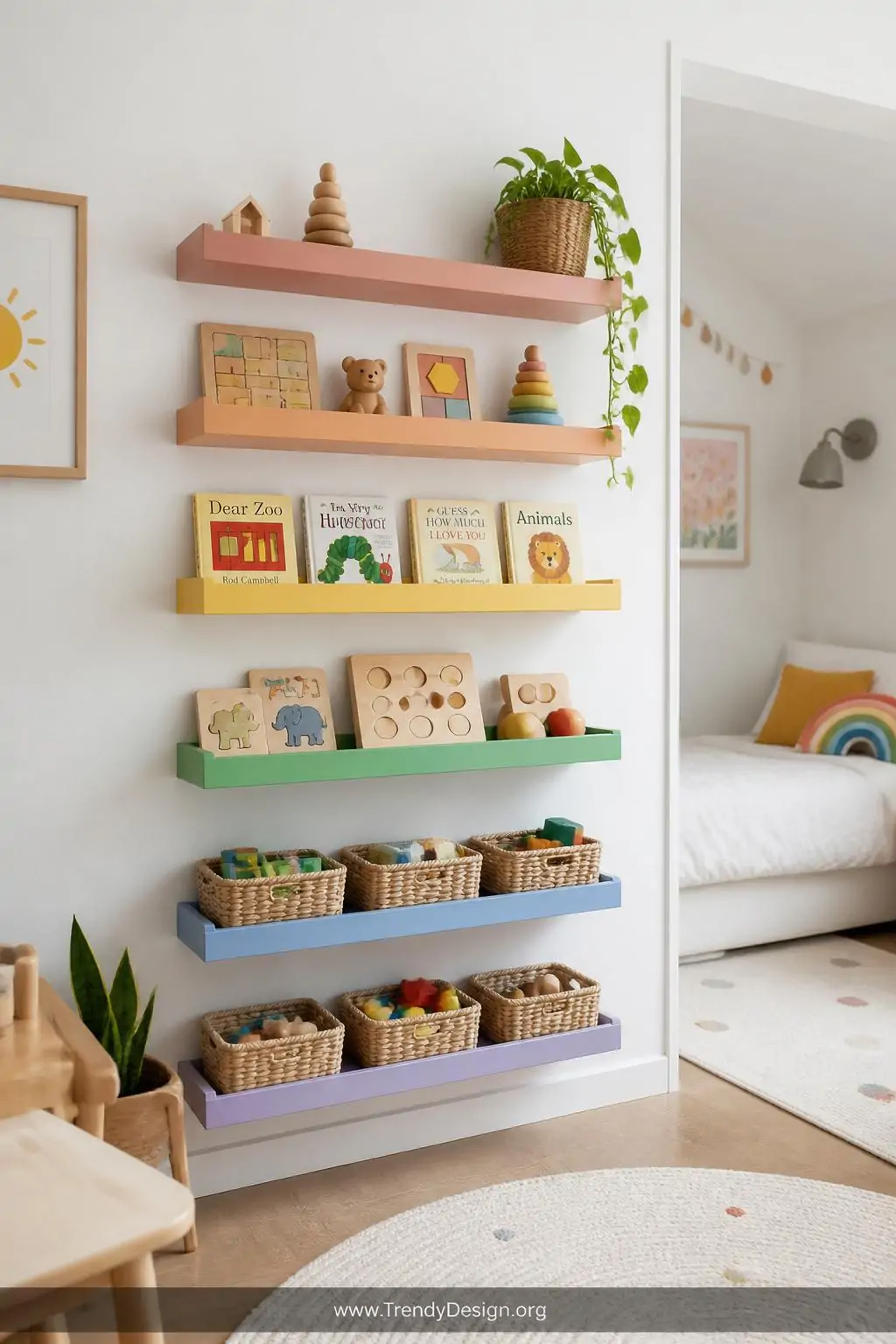 Wall-mounted open rainbow shelves at child height displaying wooden puzzles, face-out picture books, and warm wicker baskets in a tidy Montessori bedroom, medium shot, soft diffused natural light highlighting each color-painted shelf tier against a white wall