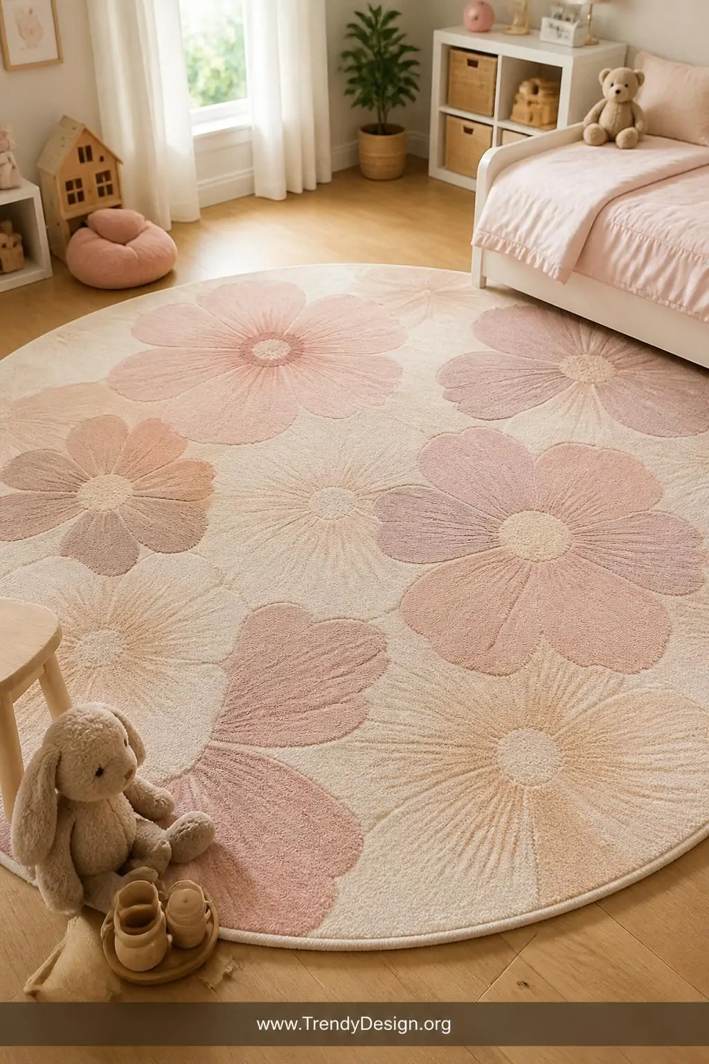 Large round blush and cream floral area rug centered on light oak hardwood floors in a toddler girl's bedroom, medium shot capturing plush low-pile texture and soft petal pattern, warm natural light washing across the surface, surrounding play space visible at edges with toys gently scattered, sweet and practical nursery style, photorealistic interior design.