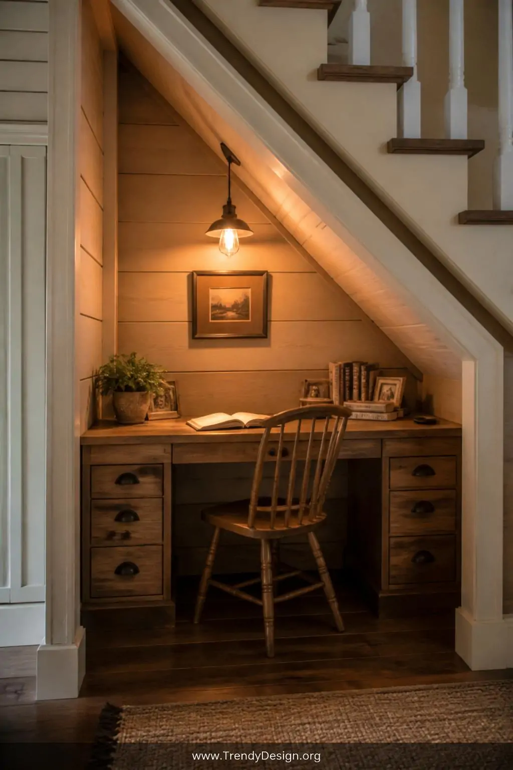 Custom fitted wooden desk built into the triangular space beneath a staircase, cozy under-stairs study nook, cottage style, warm Edison pendant light casting golden glow on the angled ceiling with whitewashed wood paneling, medium shot capturing the enclosed cave-like atmosphere, photorealistic interior design.