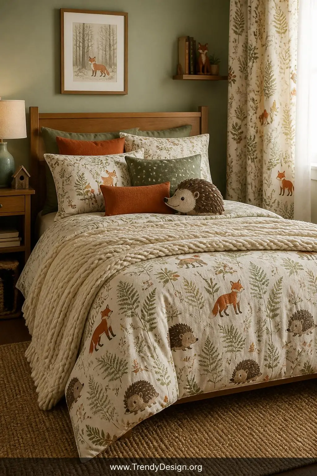 Woodland animal bedding set with fox and hedgehog prints in sage green, rust, and warm brown on a neatly made twin bed, chunky cream knit blanket layered over the top, mixed solid and patterned throw pillows, matching curtains in the soft background light, medium shot capturing the full bed styling and earthy texture layering, photorealistic interior design.
